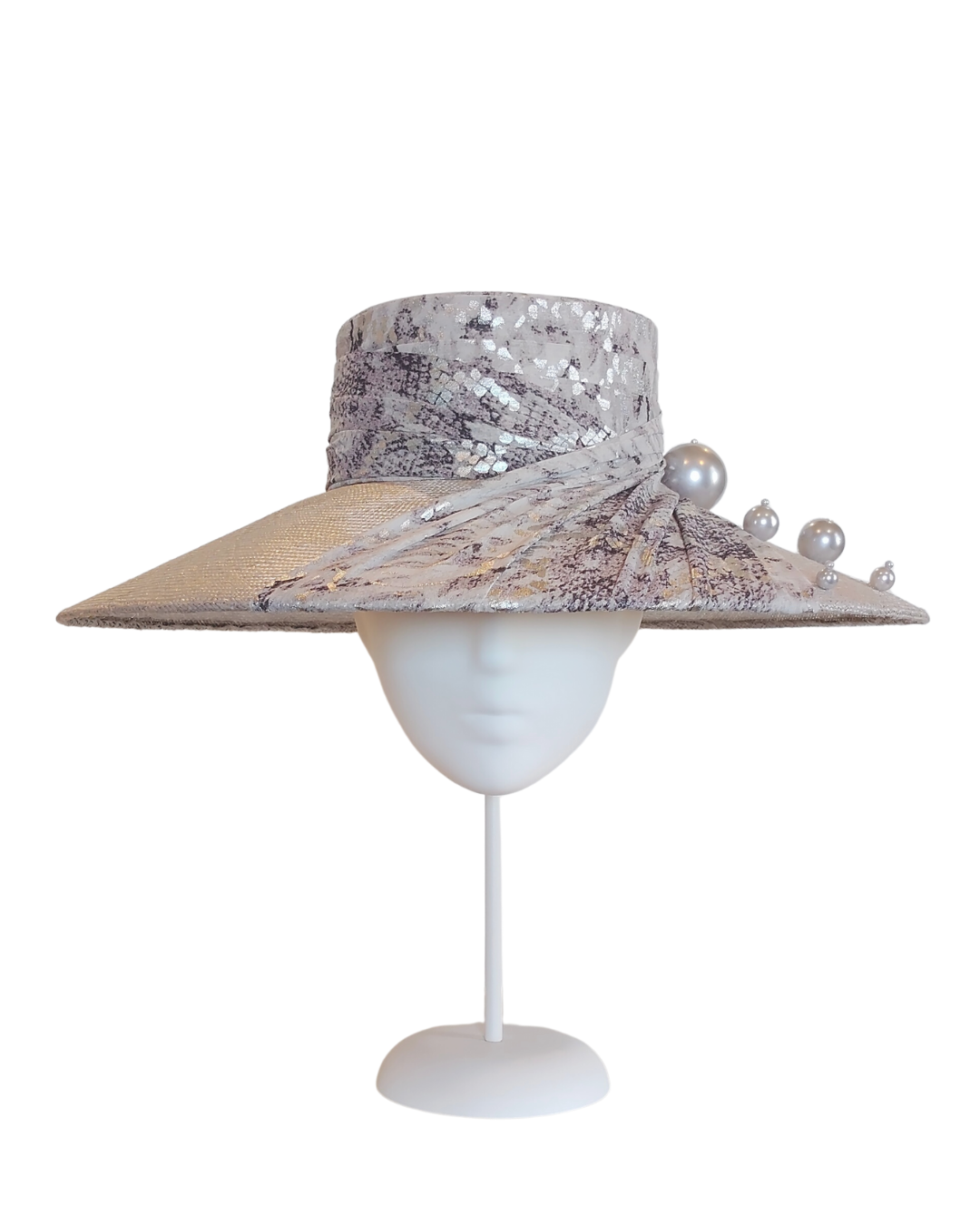 Silver Royal Ascot boater hat crafted from sinamay and straw – luxury racing headwear by Kathryn Lee