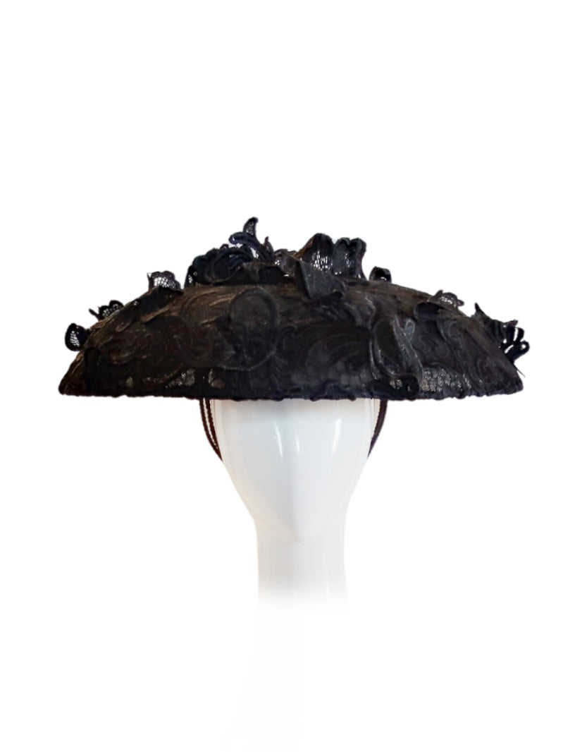 Sable Black hat crafted from sinamay and lace by Kathryn Lee Millinery, Australian bespoke milliner