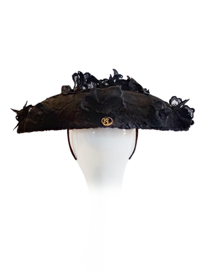 Bespoke Sable hat crafted from sinamay and lace – designed for polo by Kathryn Lee