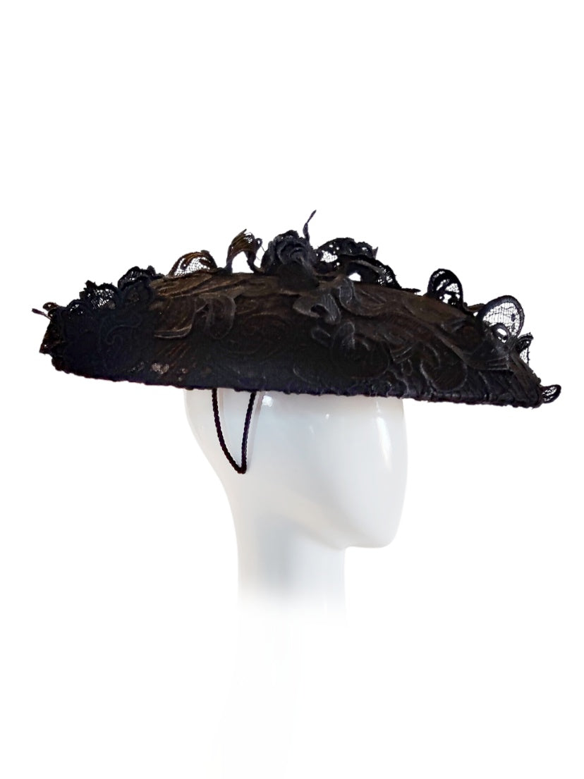 Black hat Sable featuring sinamay and lace – handmade in Sydney by Kathryn Lee