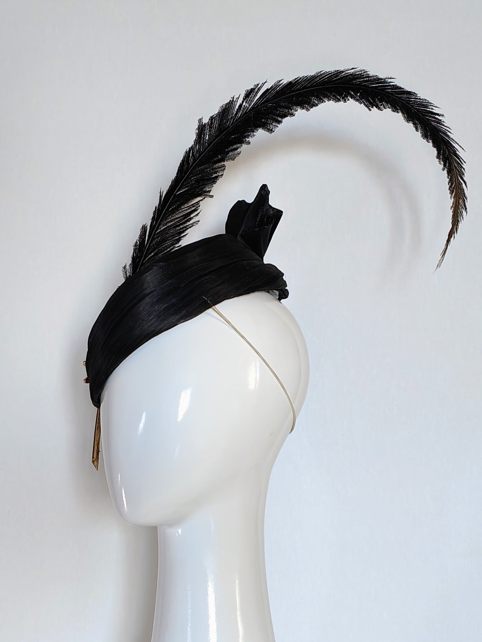 Bespoke Sabrina hat crafted from silk and feather – designed for Derby Day by Kathryn Lee