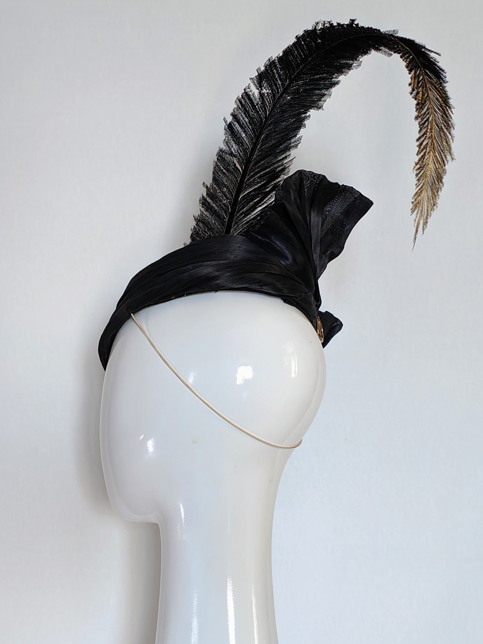 Sabrina Black hat crafted from silk and feather by Kathryn Lee Millinery, Australian bespoke milliner