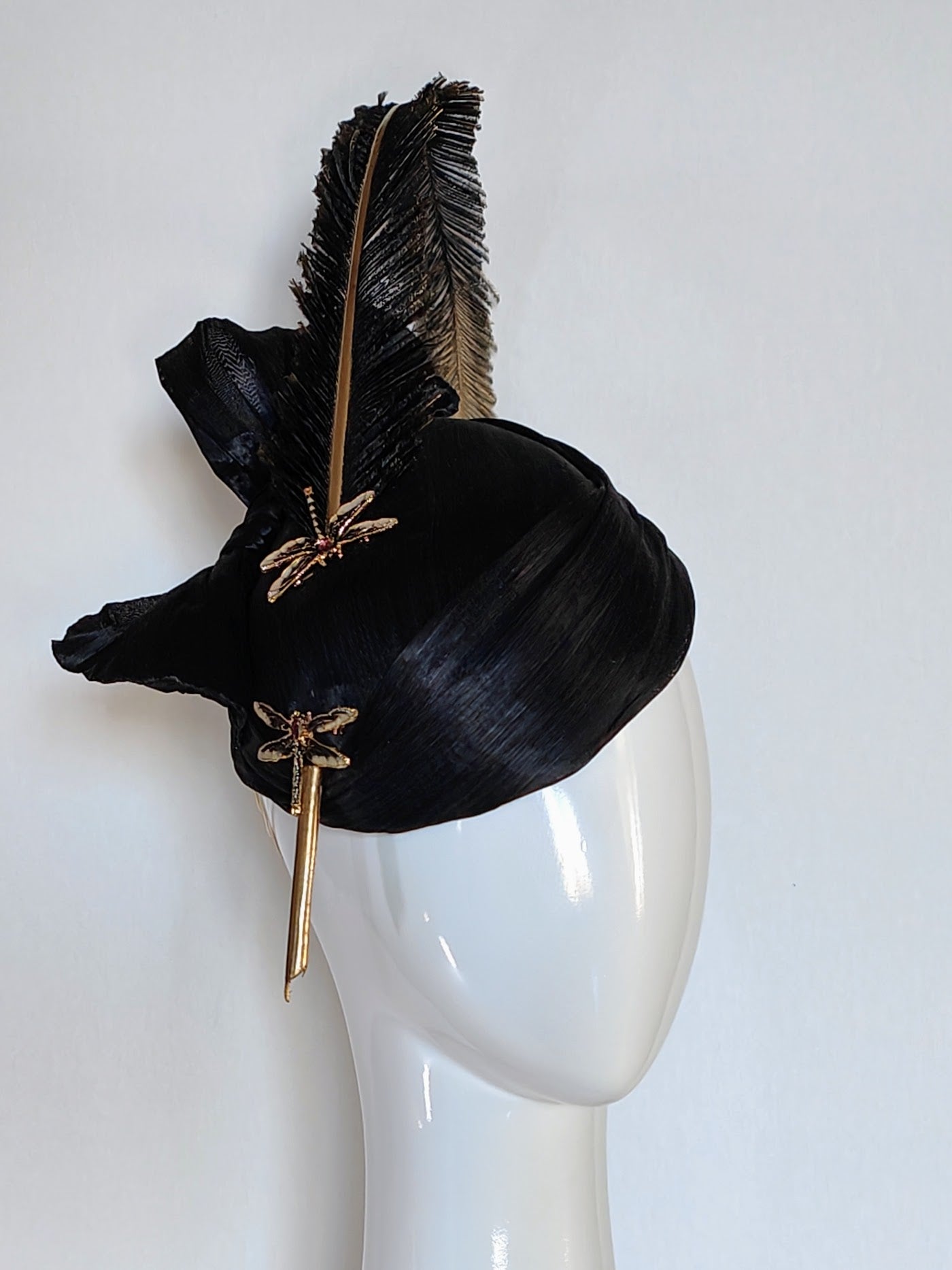 Australian milliner Kathryn Lee – Sabrina Black hat featuring silk and feather
