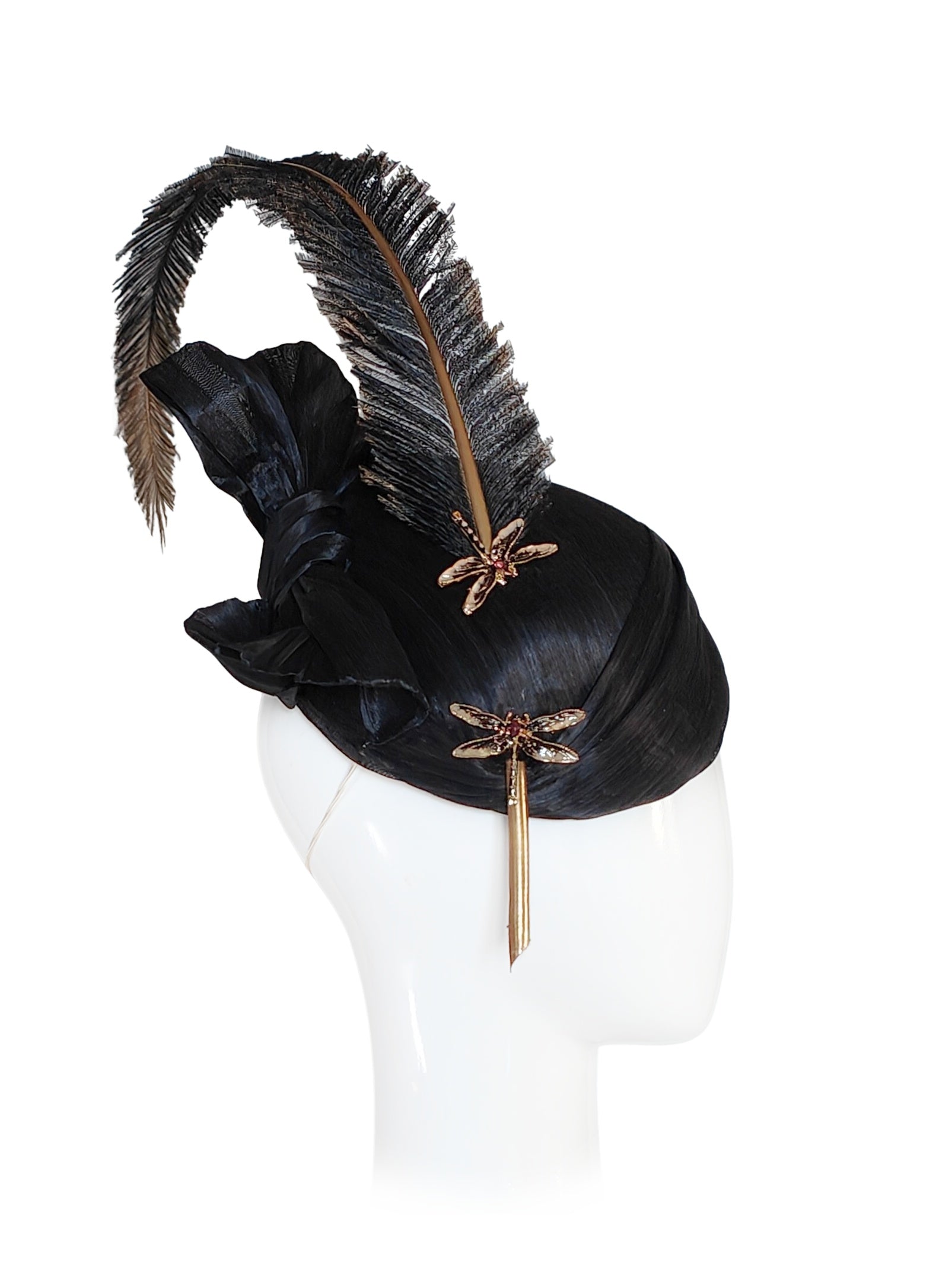 Sabrina – Black hat crafted from silk and feather perfect for Royal Randwick