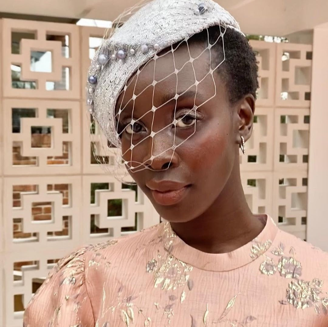 Silver beaded headband with veiling by Kathryn Lee Millinery - elegant race day headwear on client