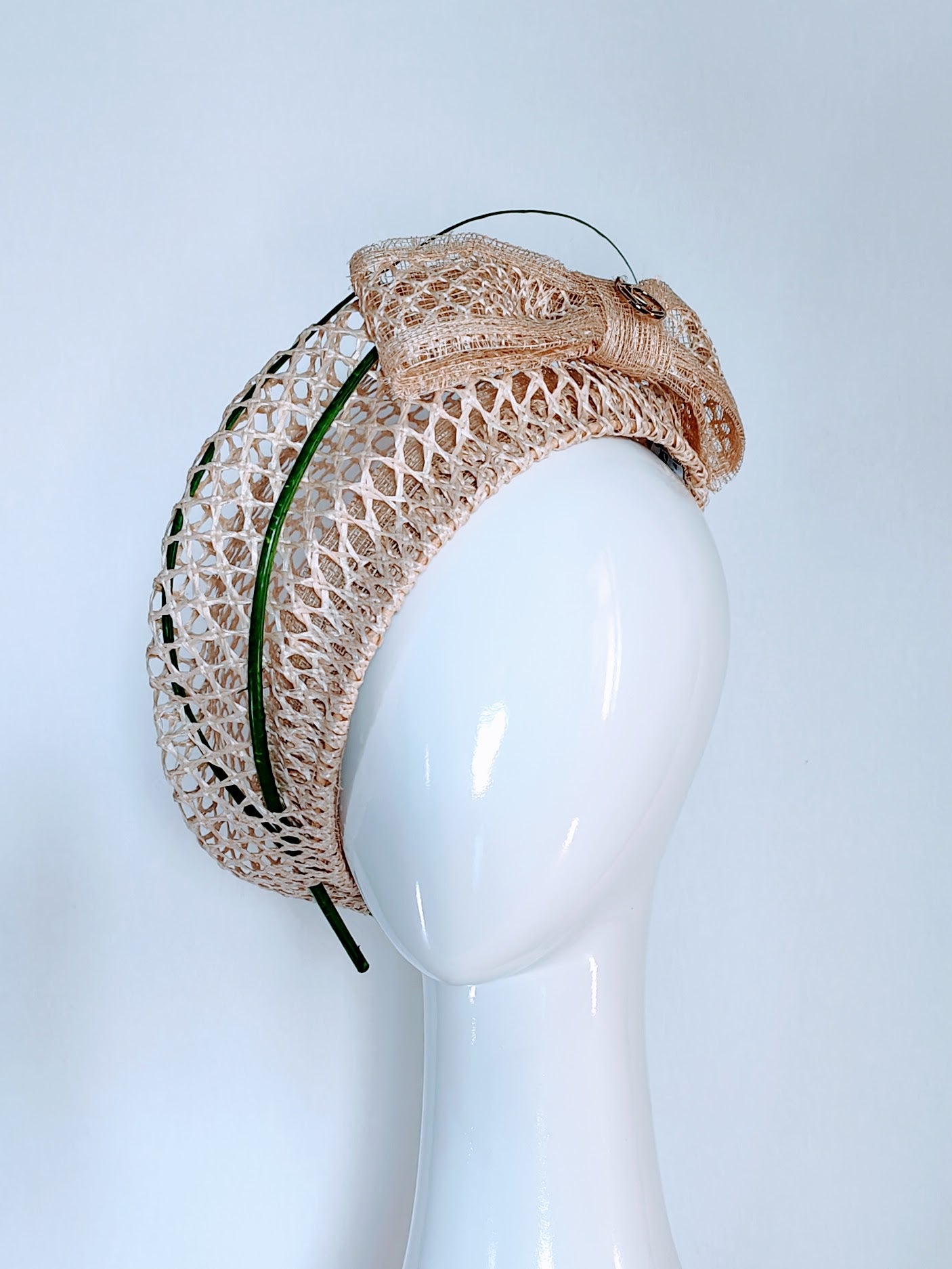 Tawny Green beret crafted from straw by Kathryn Lee Millinery, Australian bespoke milliner