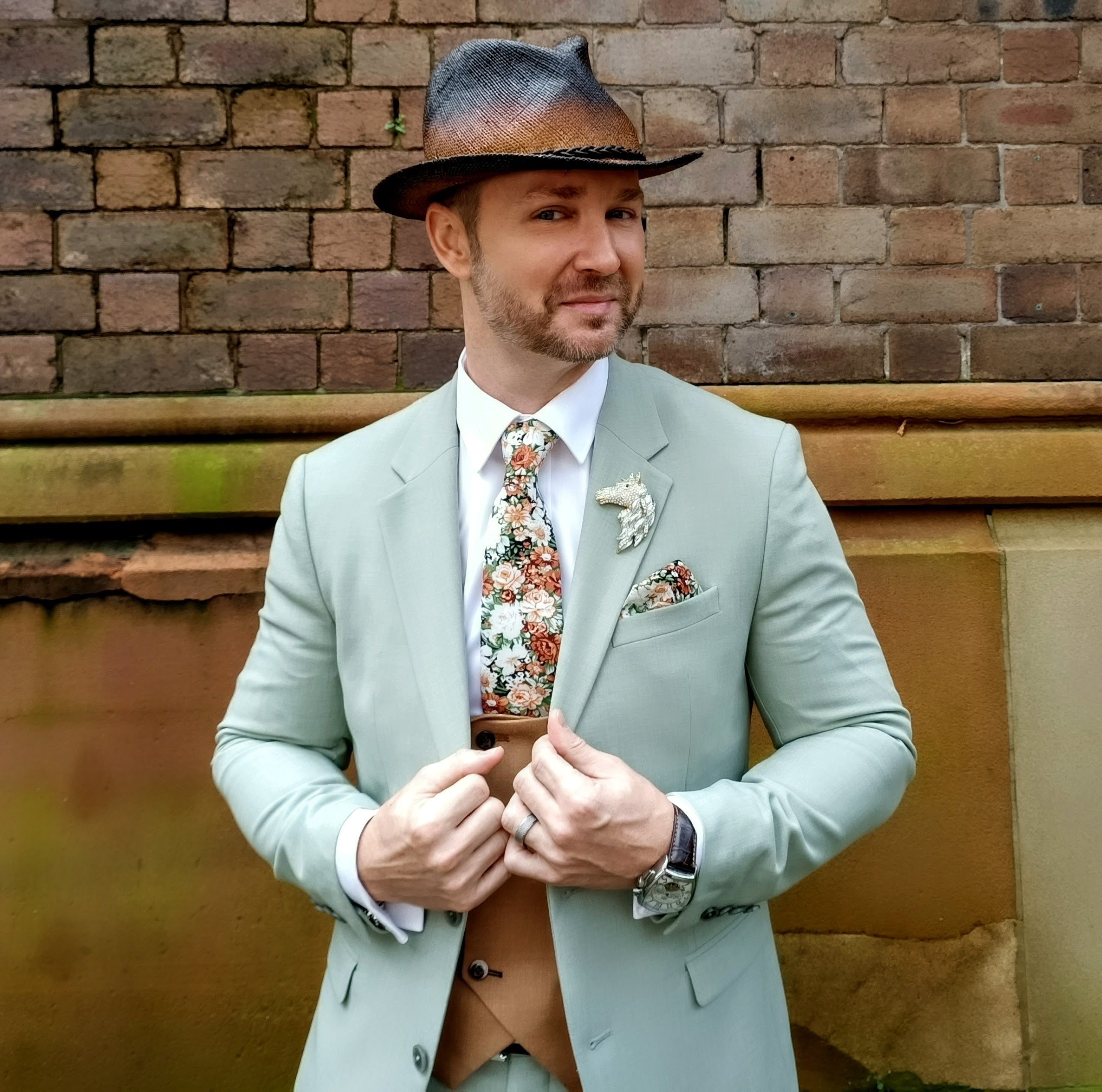 Two-tone grey and brown straw fedora by Kathryn Lee Millinery - smart mens race day headwear with sage suit