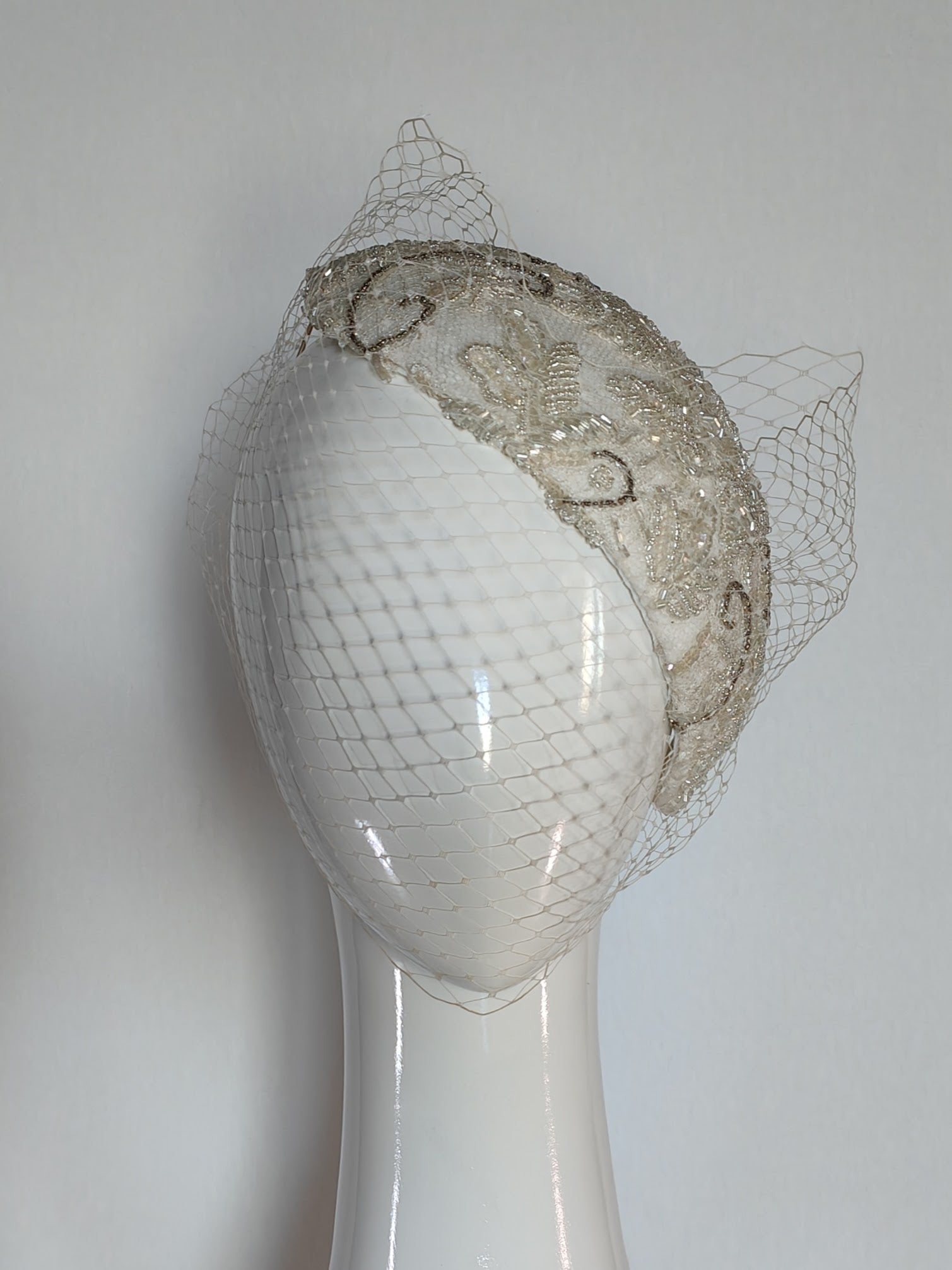 White headpiece Victoria featuring lace – handmade in Sydney by Kathryn Lee