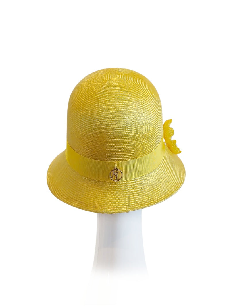 Australian milliner Kathryn Lee – Yve Yellow cap featuring straw and pearl