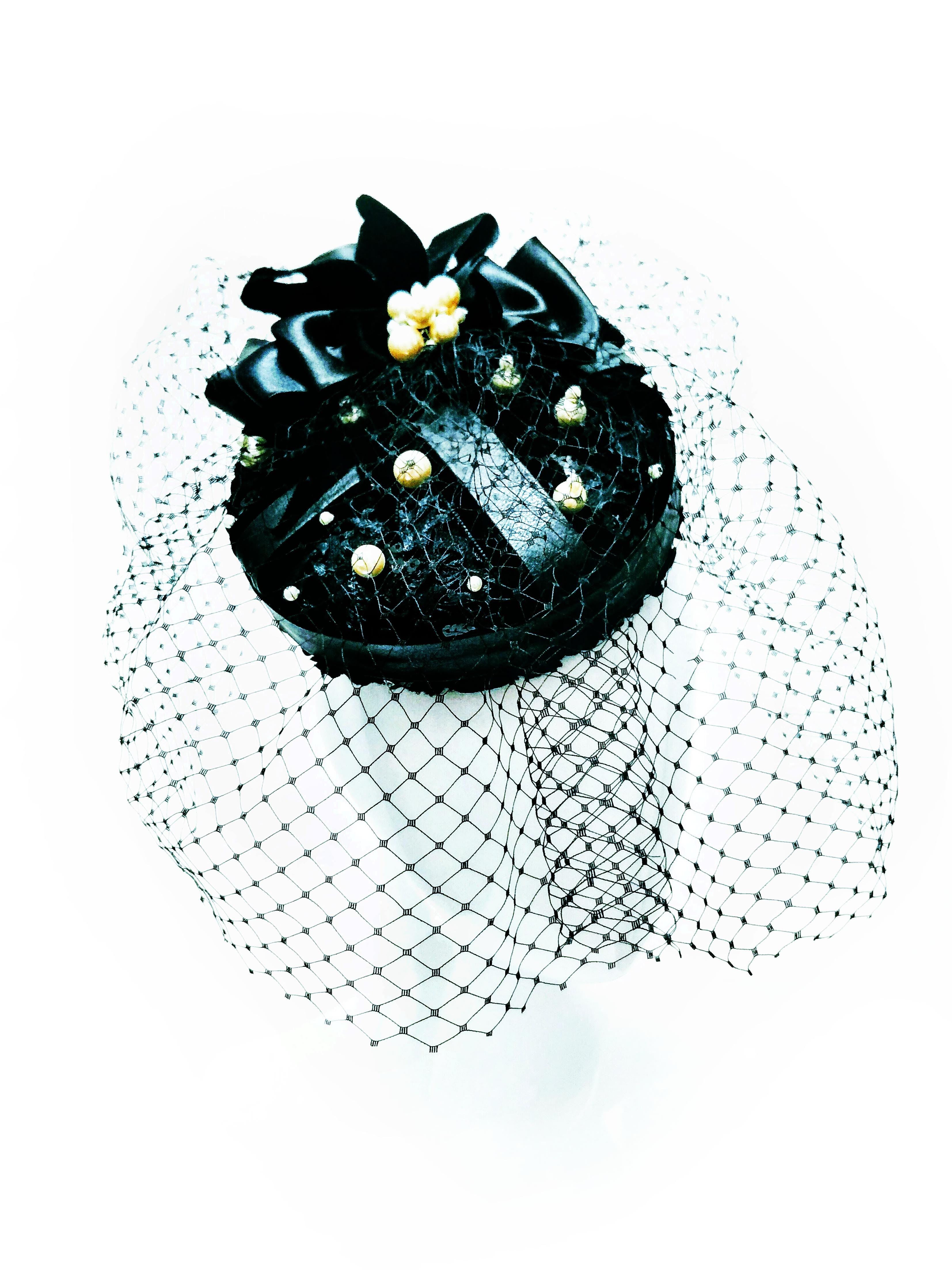 Australian milliner Kathryn Lee – Alexis pillbox hat featuring leather and lace