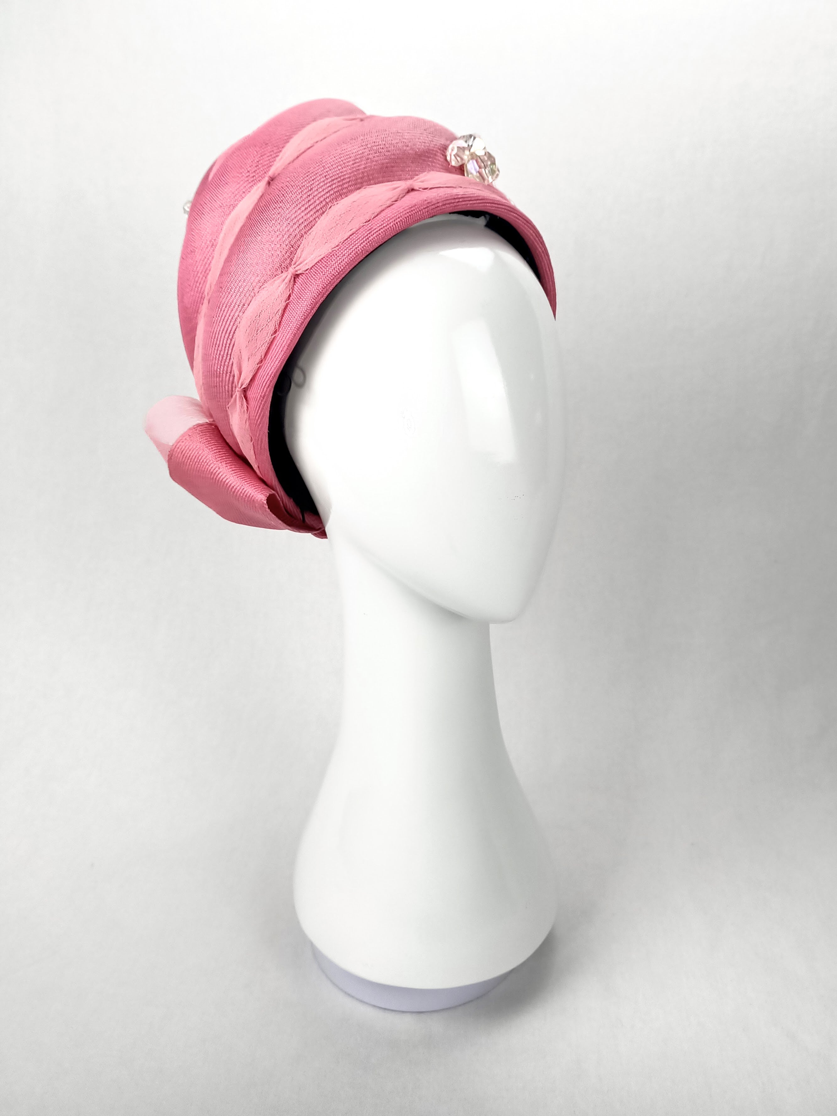 Pink pillbox hat April featuring sinamay – handmade in Sydney by Kathryn Lee