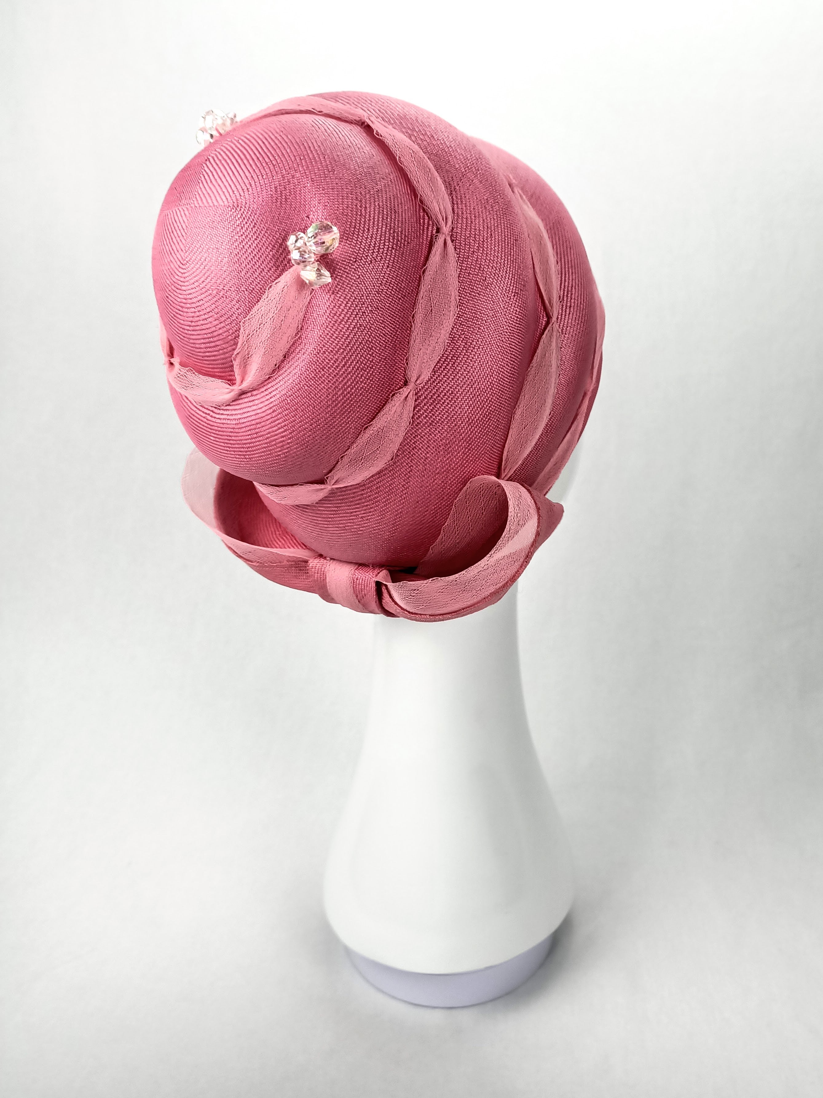 Pink April pillbox hat crafted from sinamay – luxury racing headwear by Kathryn Lee