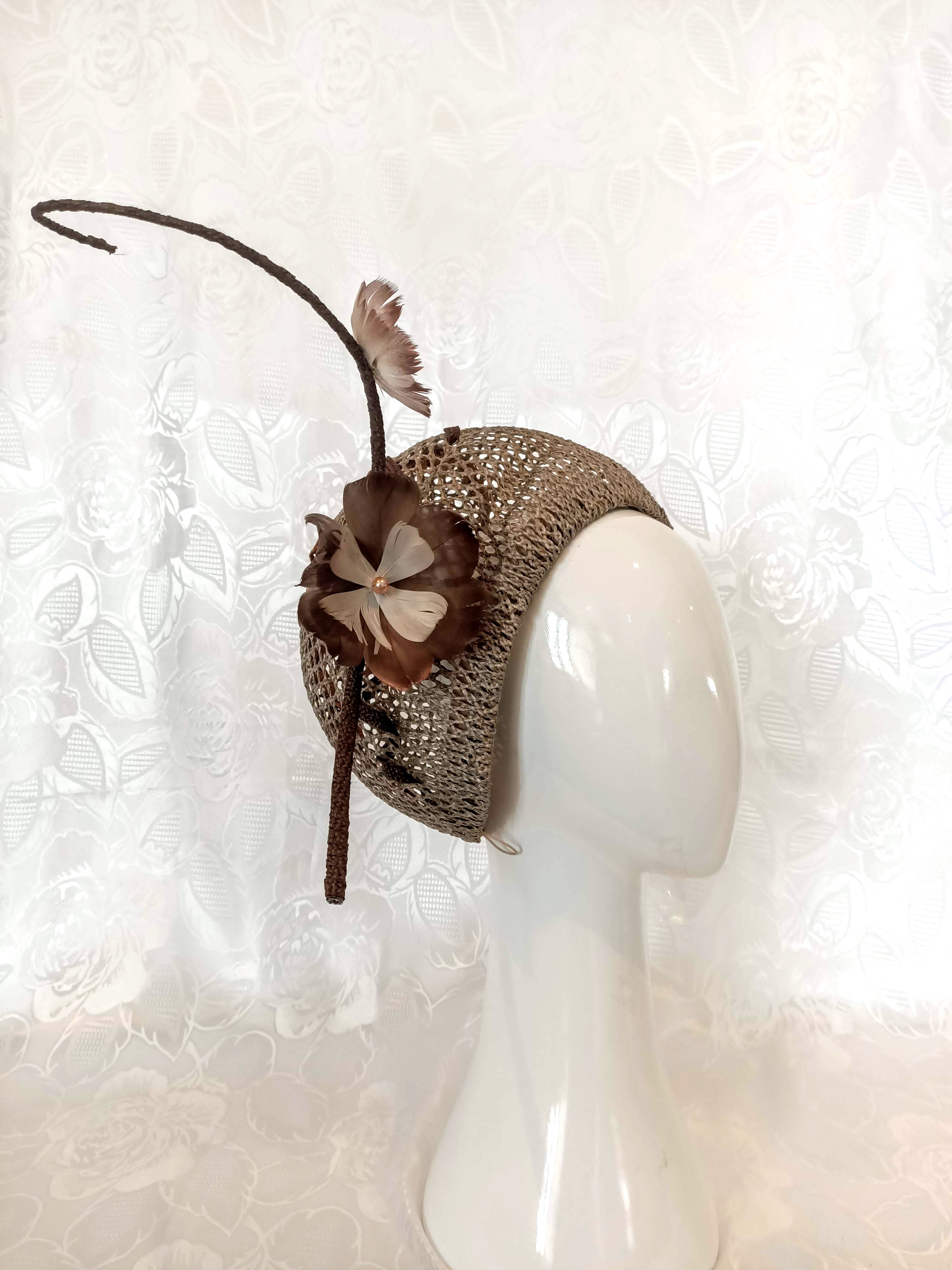 Bespoke Beehive Straw Pillbox Hat with Feather Flowers & Quill crafted from straw and feather – designed for Dubai World Cup by Kathryn Lee