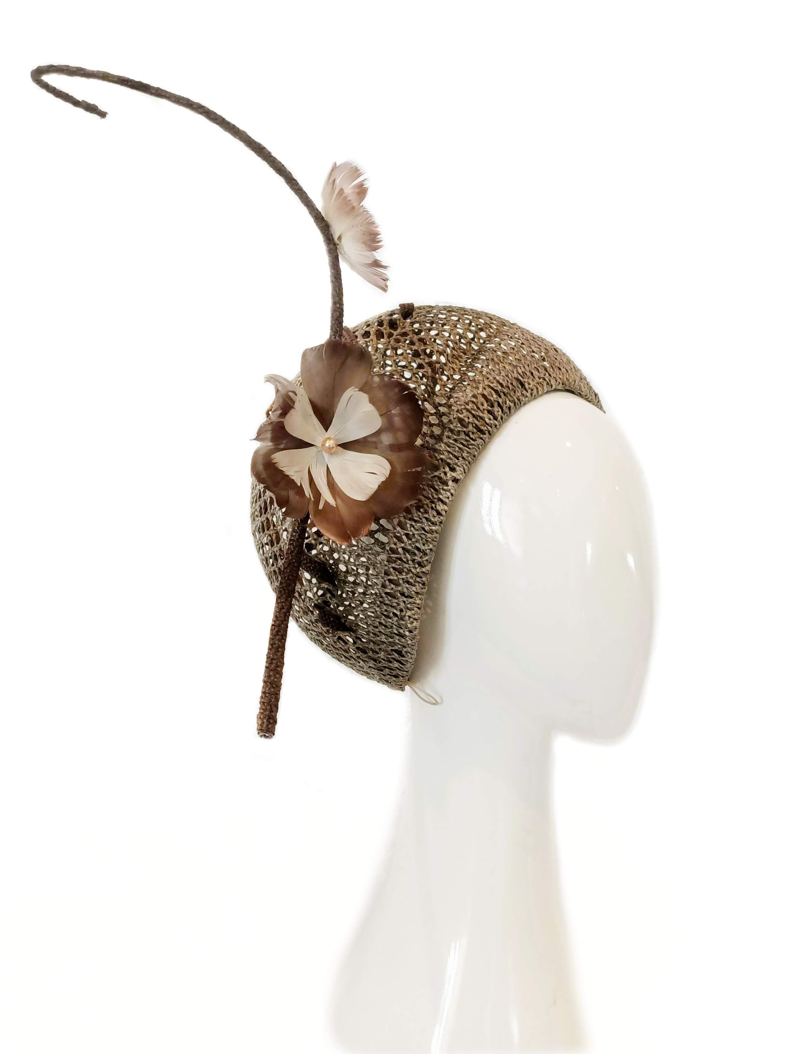Beehive Straw Pillbox Hat with Feather Flowers & Quill crafted from straw and feather by Kathryn Lee Millinery, Australian bespoke milliner