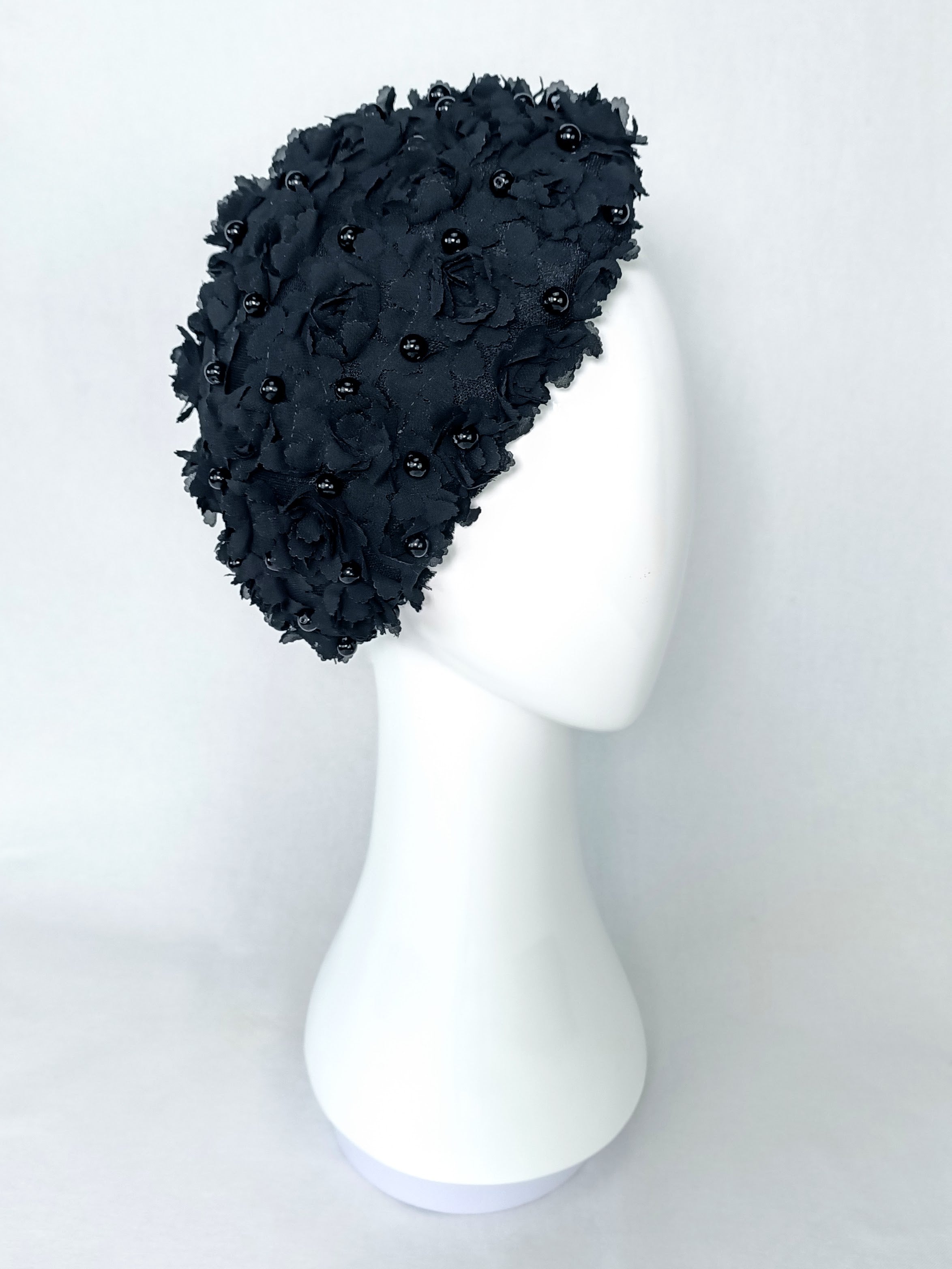 Black Black Pearl fascinator crafted from silk and pearl – luxury racing headwear by Kathryn Lee