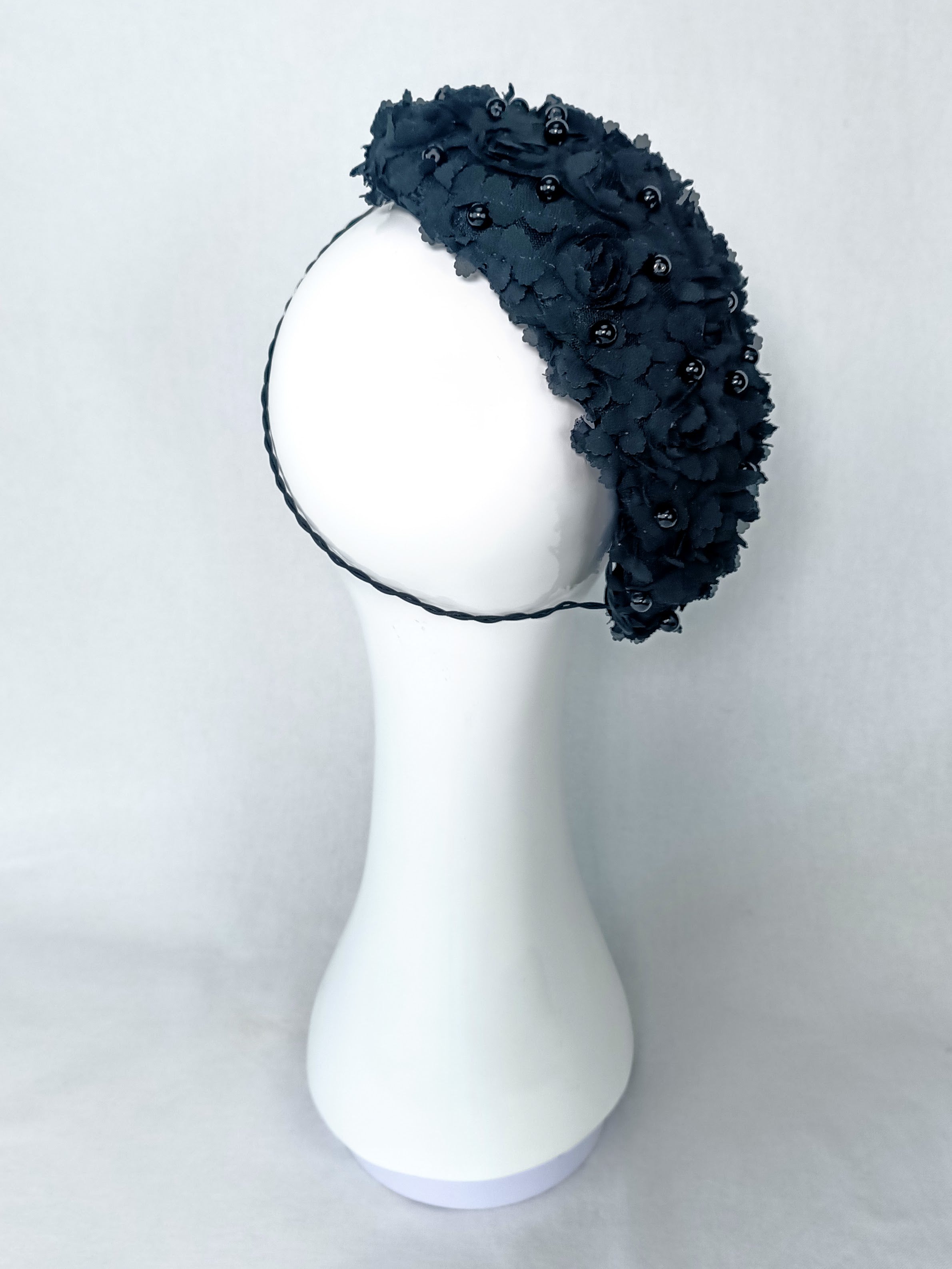 Black fascinator Black Pearl featuring silk and pearl – handmade in Sydney by Kathryn Lee