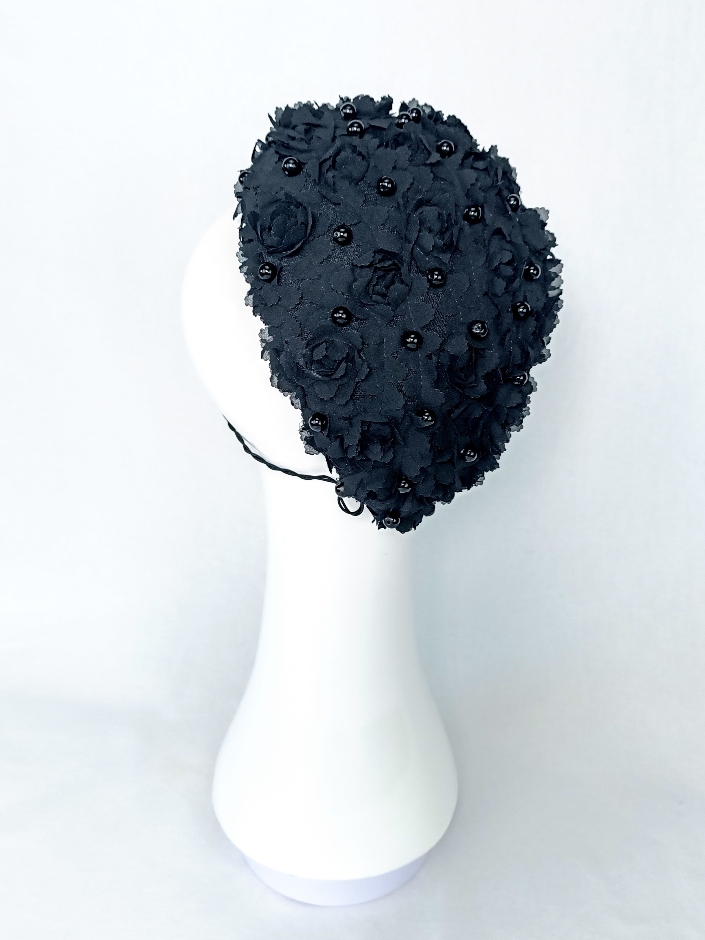 Bespoke Black fascinator Black Pearl – couture millinery for Derby Day