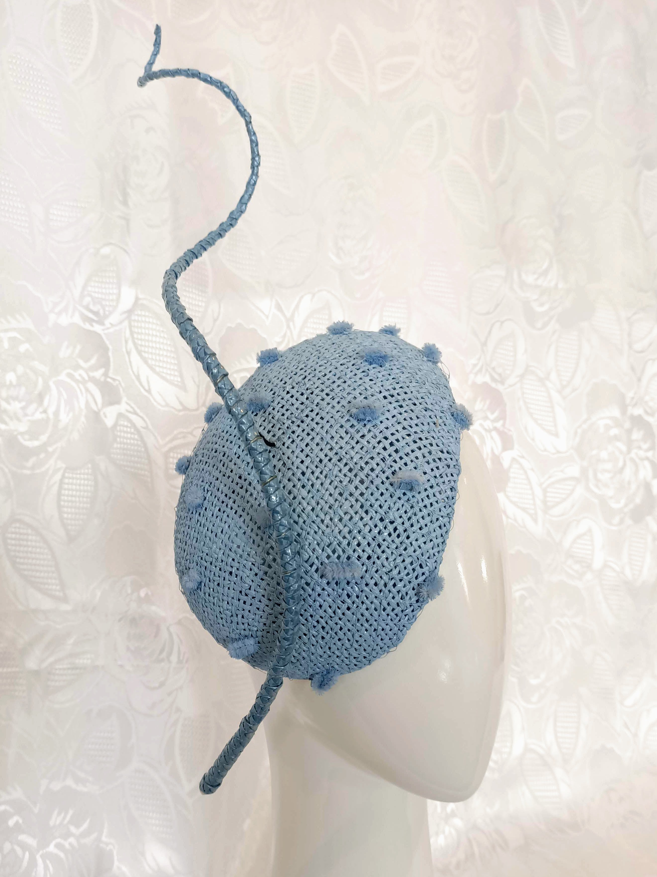 Blue Straw Fascinator with Floating Quill Tufted Veil Netting – artisan millinery featuring straw for wedding and beyond