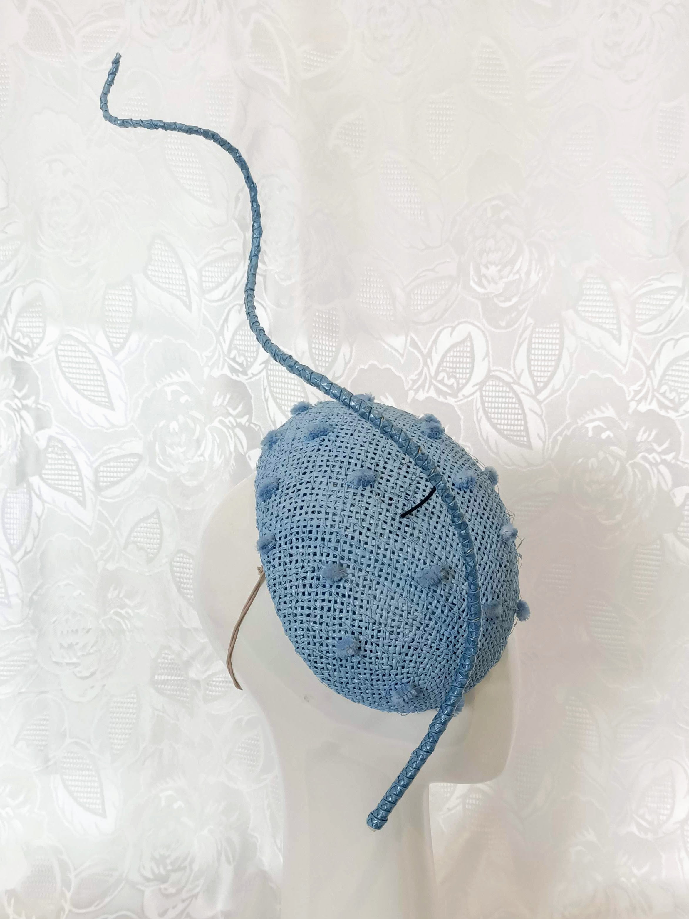 Handcrafted Blue Straw Fascinator with Floating Quill Tufted Veil Netting – Kathryn Lee bespoke collection