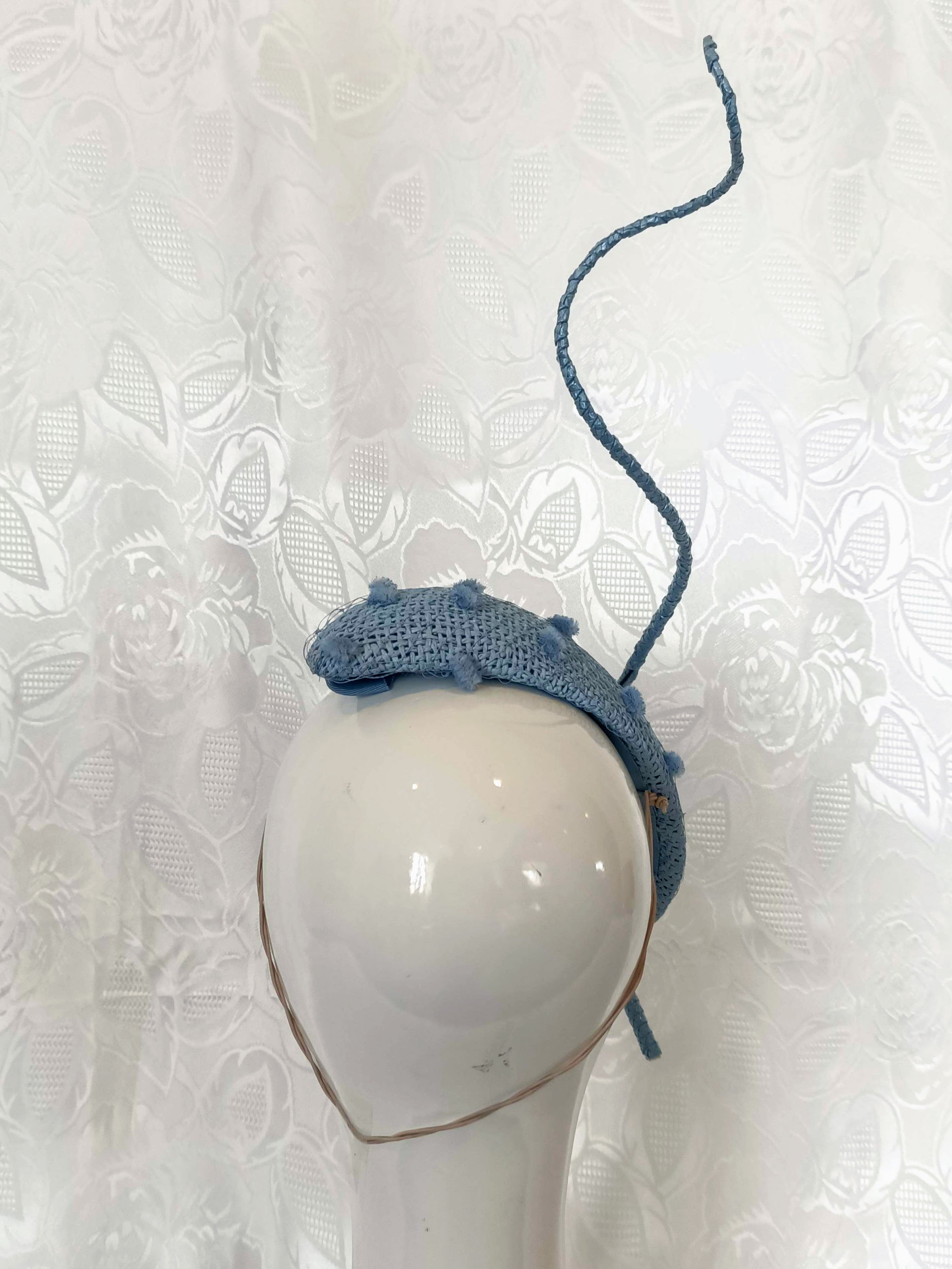Blue Straw Fascinator with Floating Quill Tufted Veil Netting – crafted from straw perfect for fashions on the field
