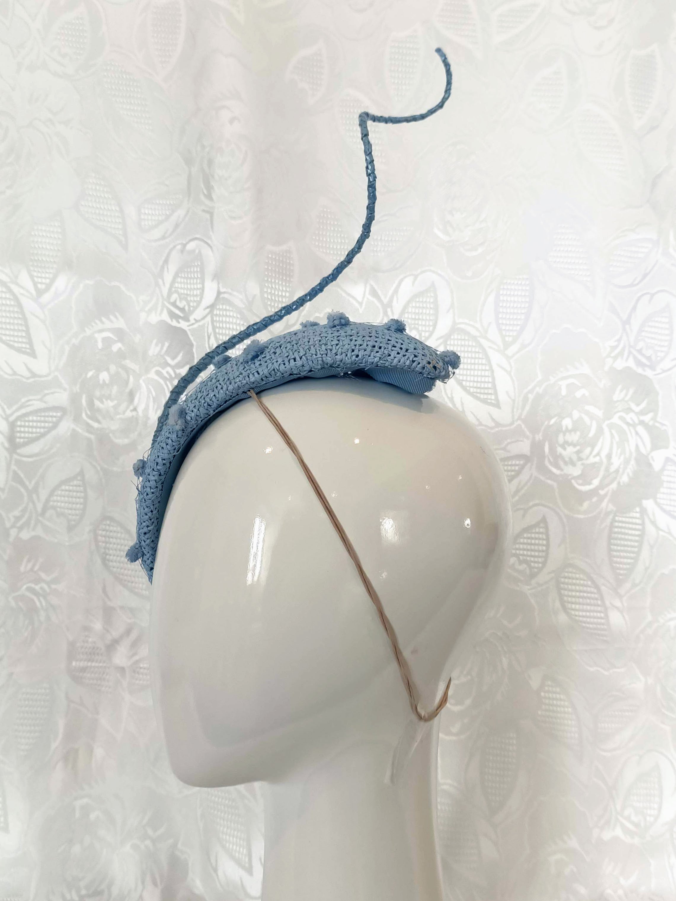 Kathryn Lee Millinery Blue Straw Fascinator with Floating Quill Tufted Veil Netting featuring straw – Australian couture headwear