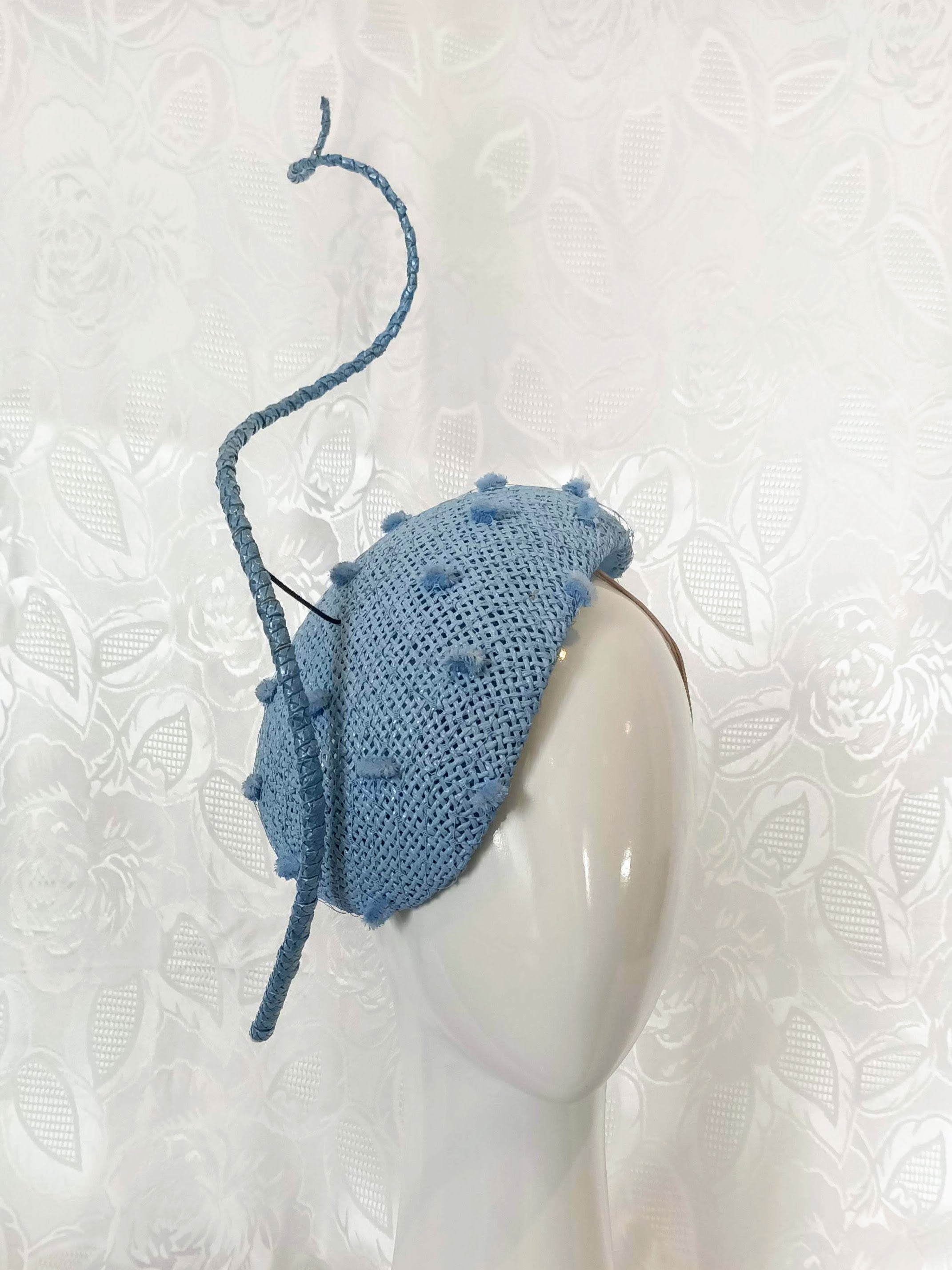 Bespoke Blue Straw Fascinator with Floating Quill Tufted Veil Netting crafted from straw – designed for Royal Randwick by Kathryn Lee