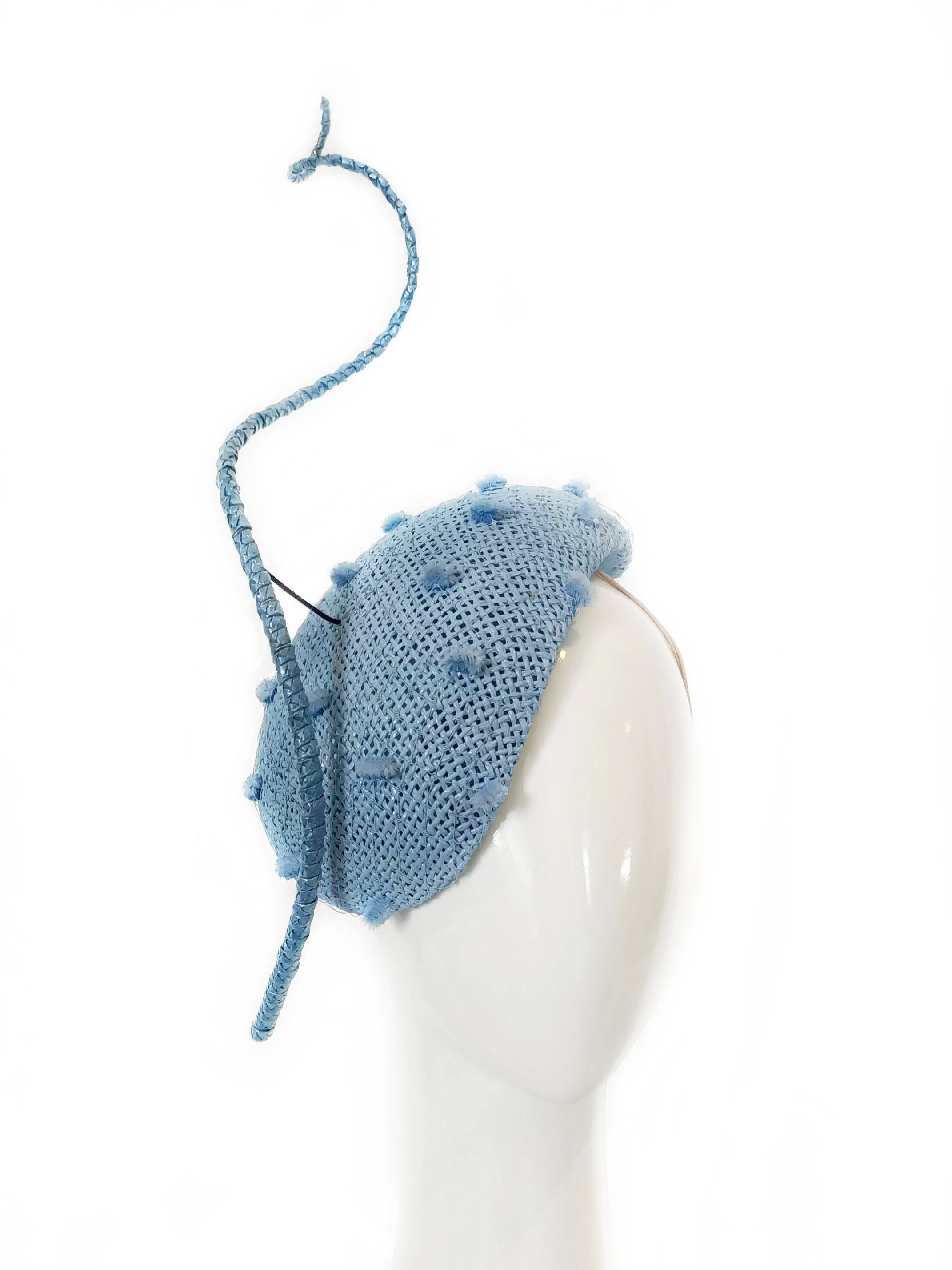 Designer Blue Straw Fascinator with Floating Quill Tufted Veil Netting crafted from straw – Kathryn Lee Millinery Australia