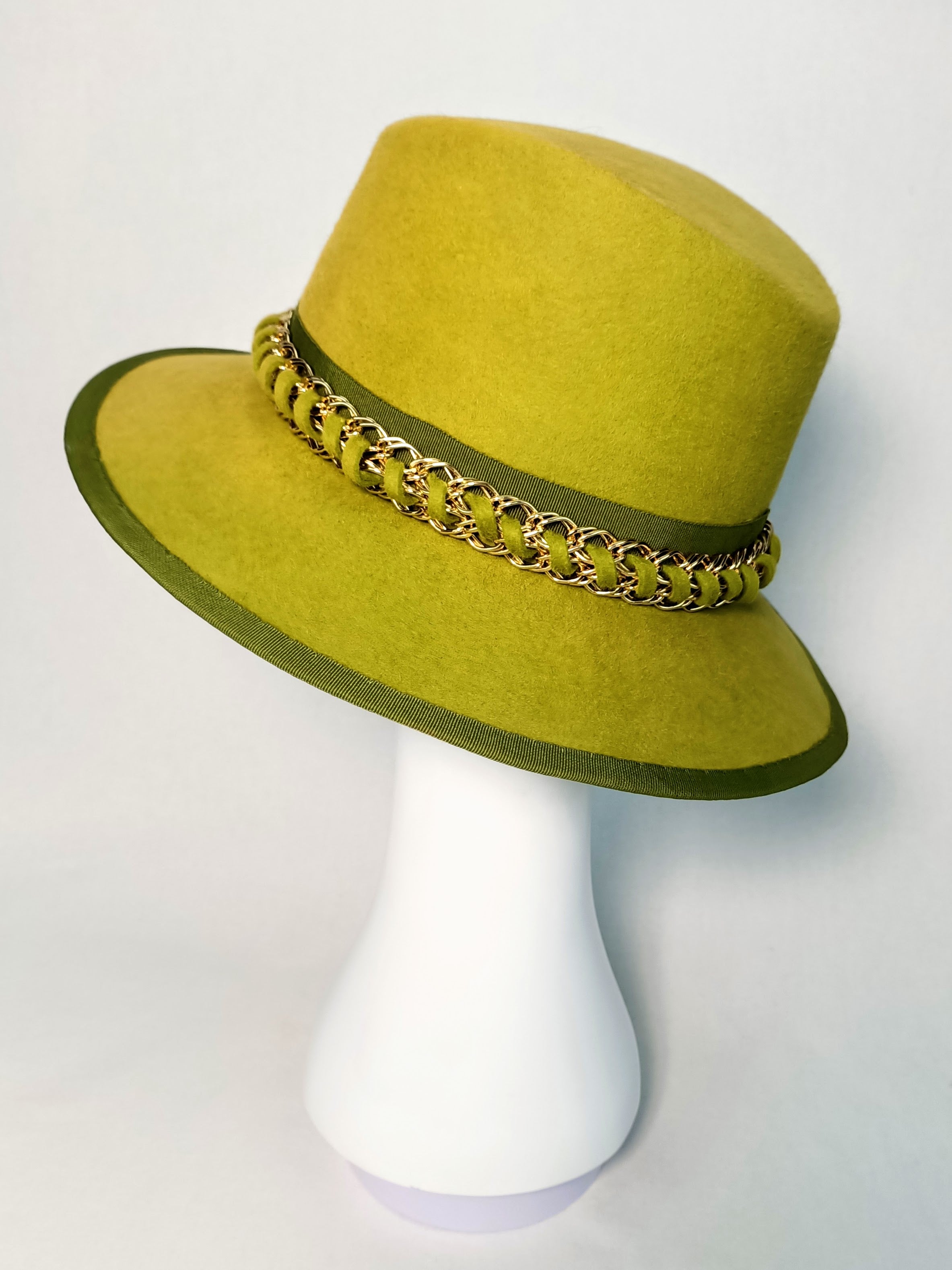 Candace Moss green fedora crafted from felt by Kathryn Lee Millinery, Australian bespoke milliner