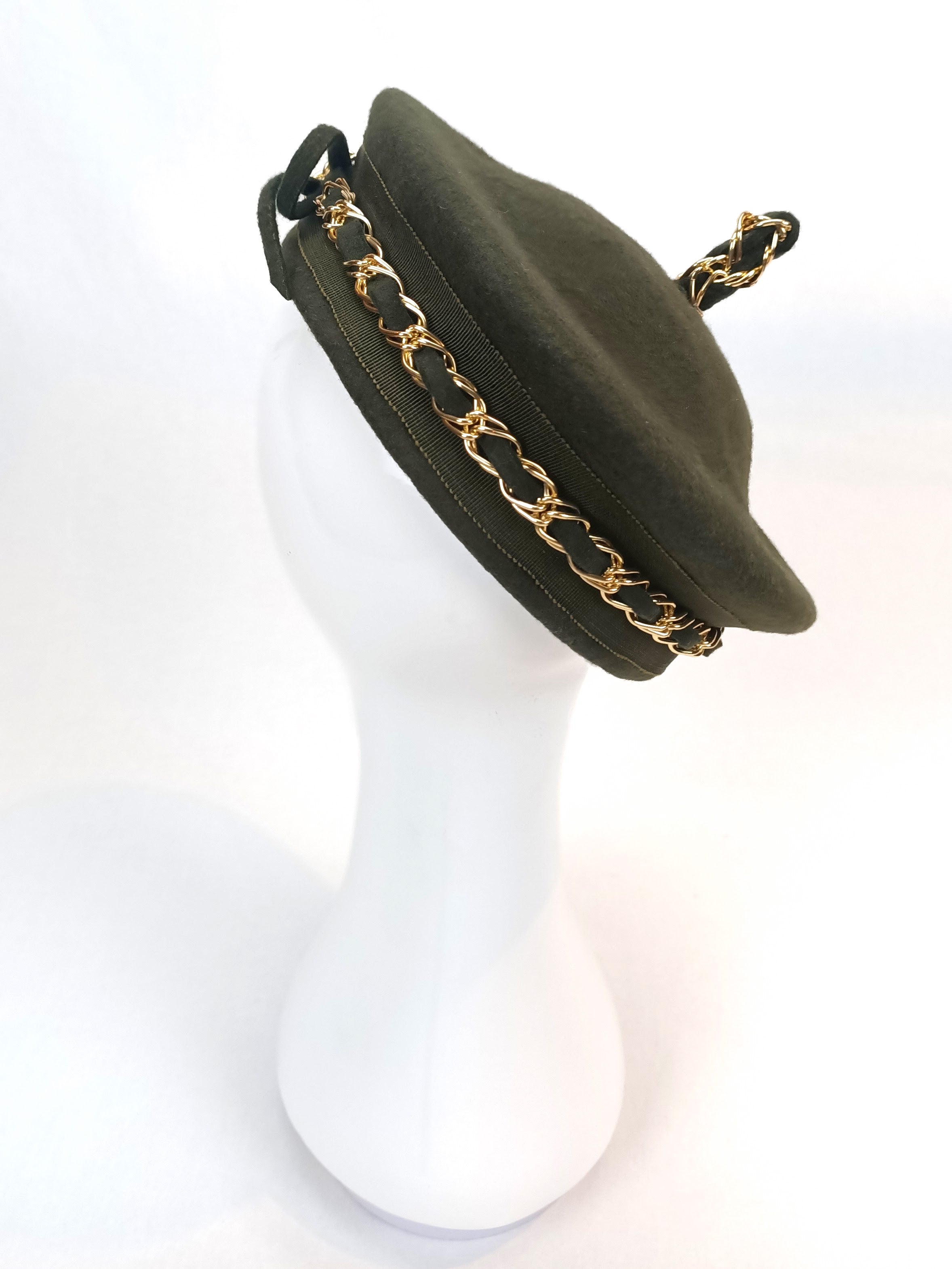 Khaki Colette beret crafted from felt – luxury racing headwear by Kathryn Lee