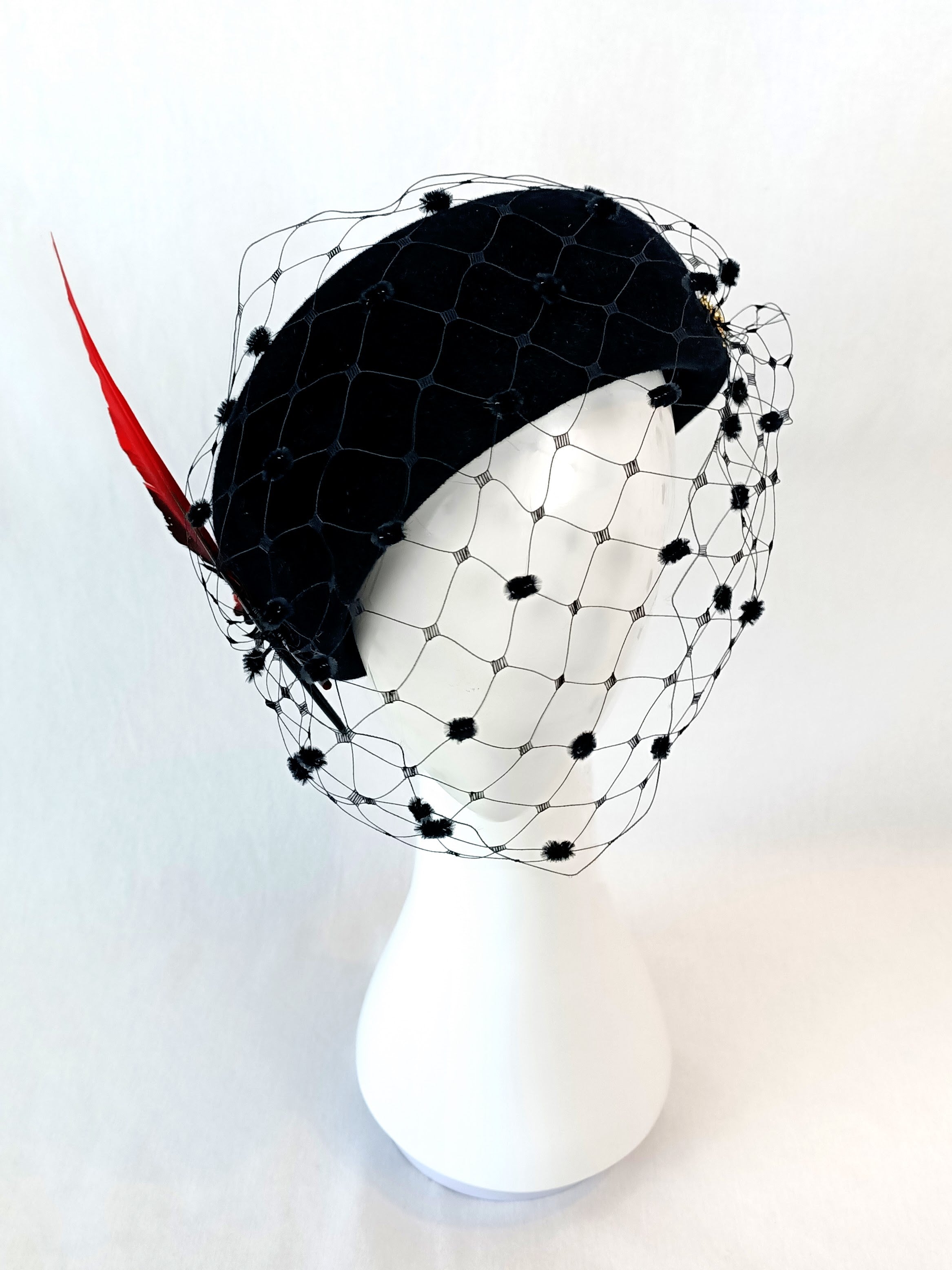 Designer Black beret Daisy crafted from felt and feather – Kathryn Lee Millinery Australia