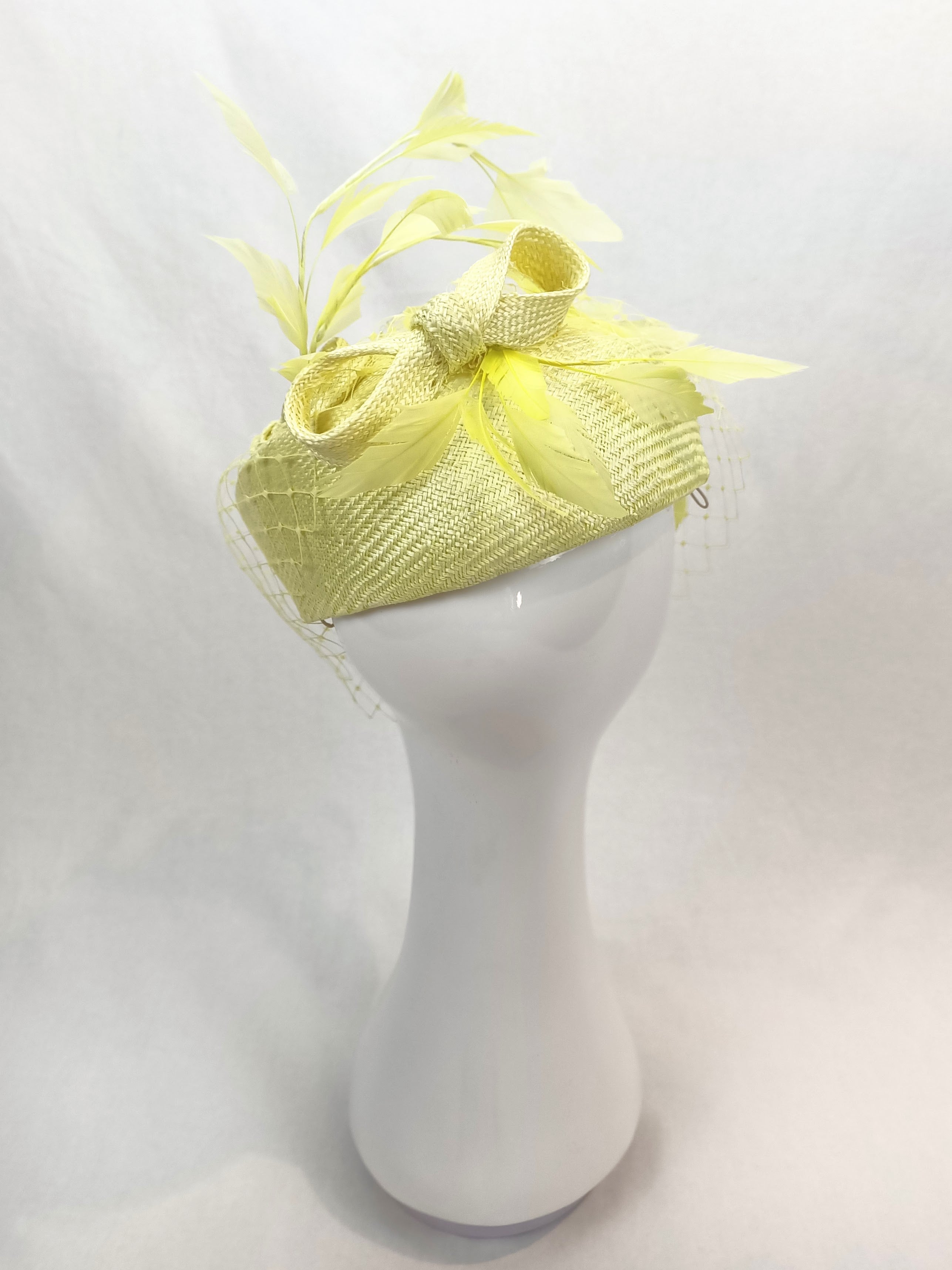 Yellow beret Diana featuring sinamay and straw – handmade in Sydney by Kathryn Lee