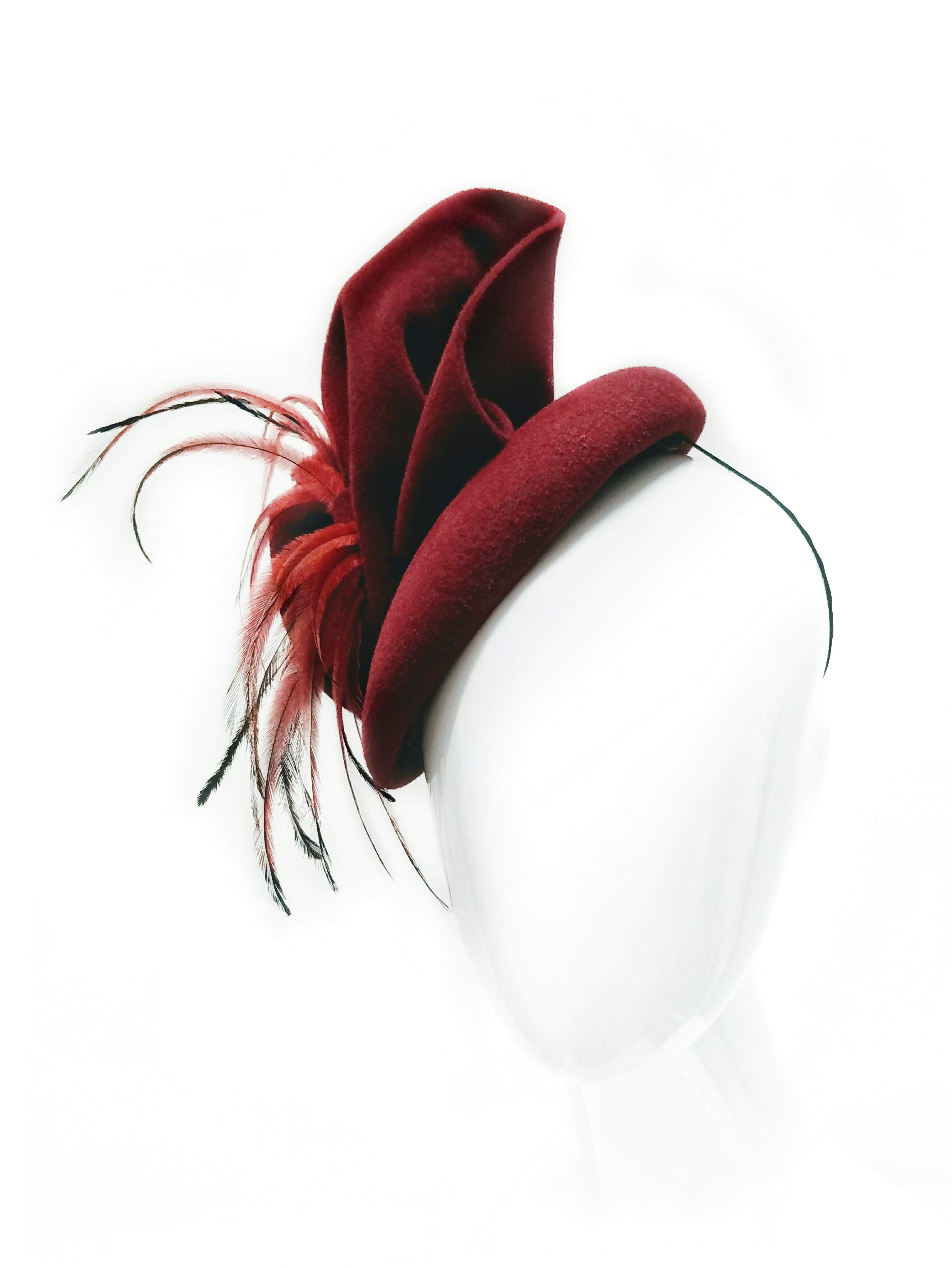 Burgundy hat Dita featuring felt – handmade in Sydney by Kathryn Lee