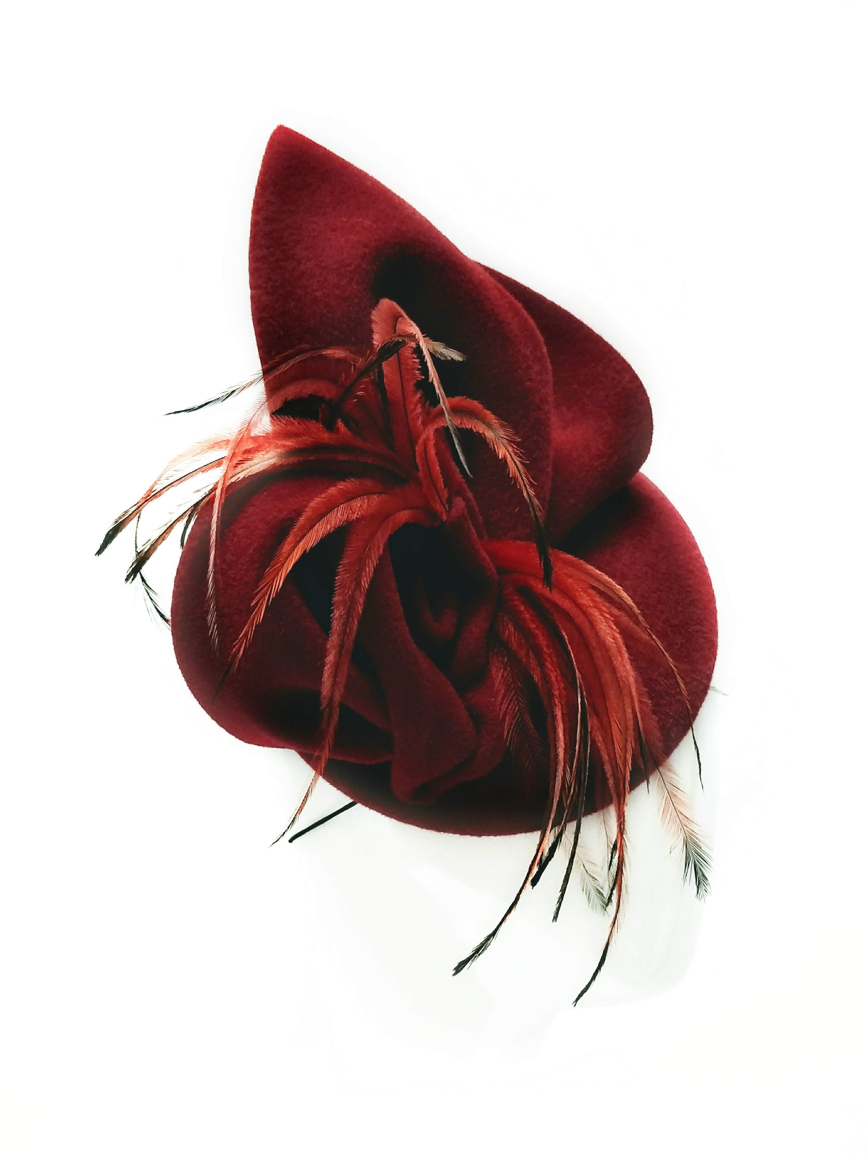 Bespoke Burgundy hat Dita – couture millinery for Derby Day