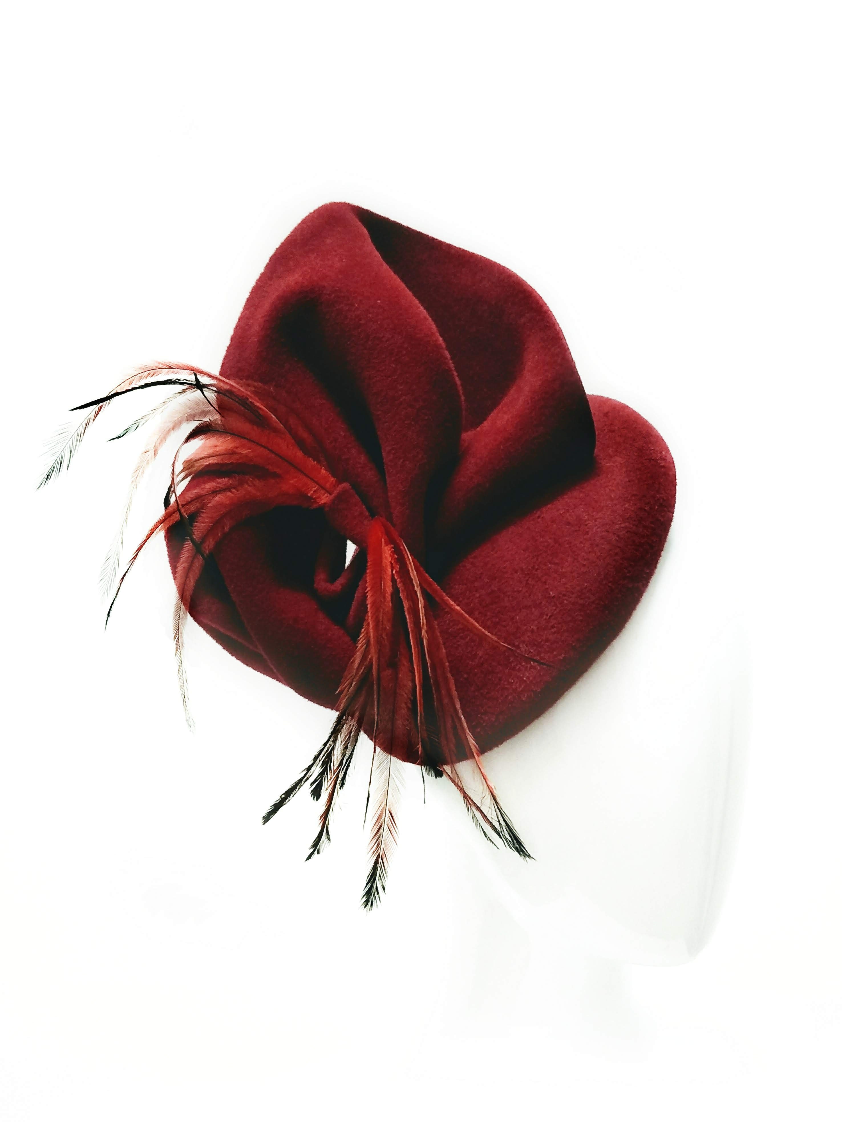 Dita Burgundy hat crafted from felt by Kathryn Lee Millinery, Australian bespoke milliner
