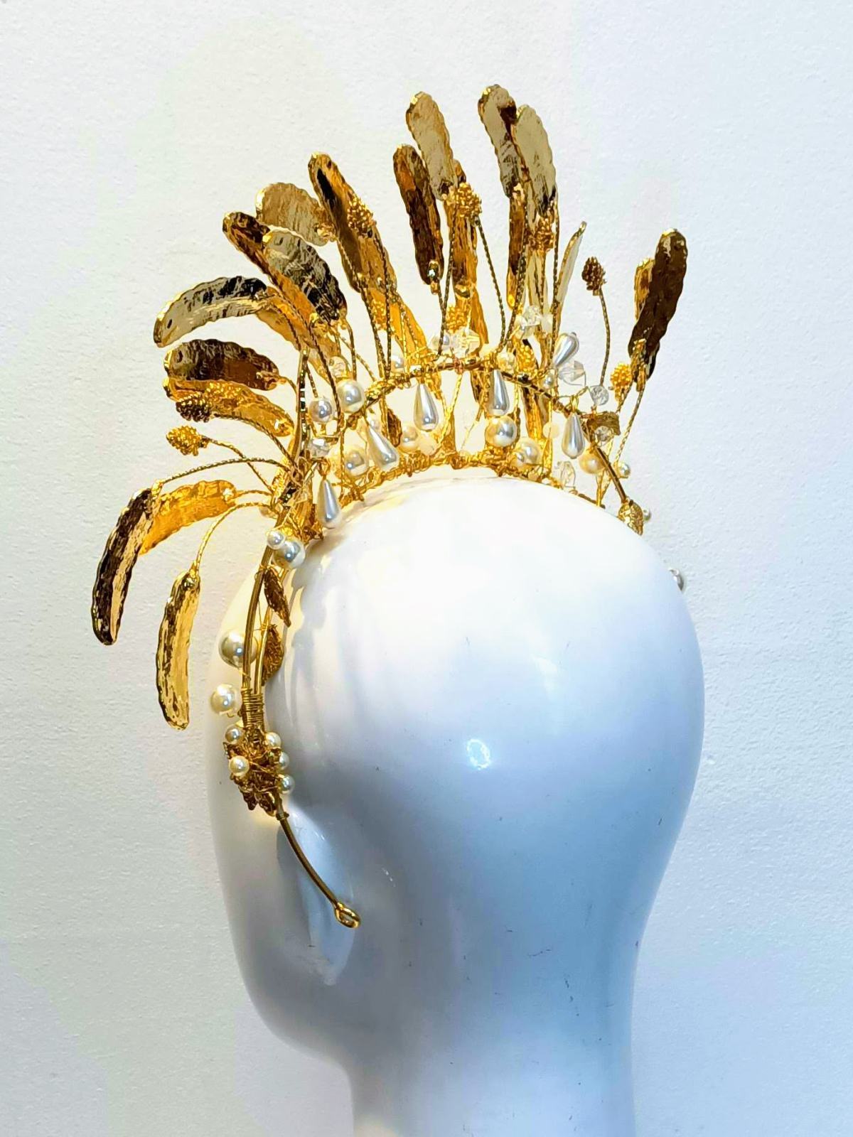 Gold Emma Pearl headband crafted from pearl – luxury racing headwear by Kathryn Lee