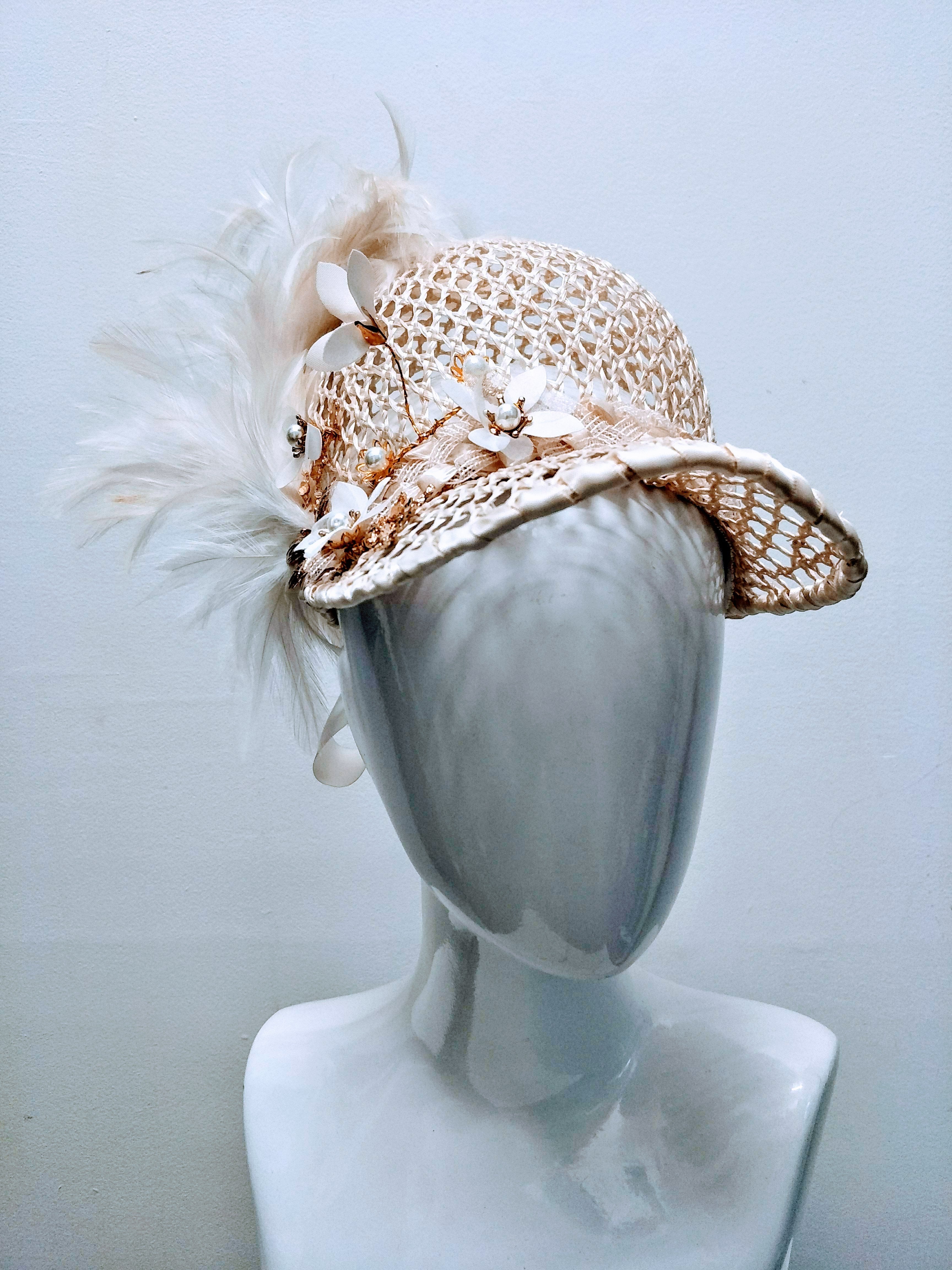 Foxy handcrafted cap crafted from straw and feather – perfect for garden party and fashions on the field