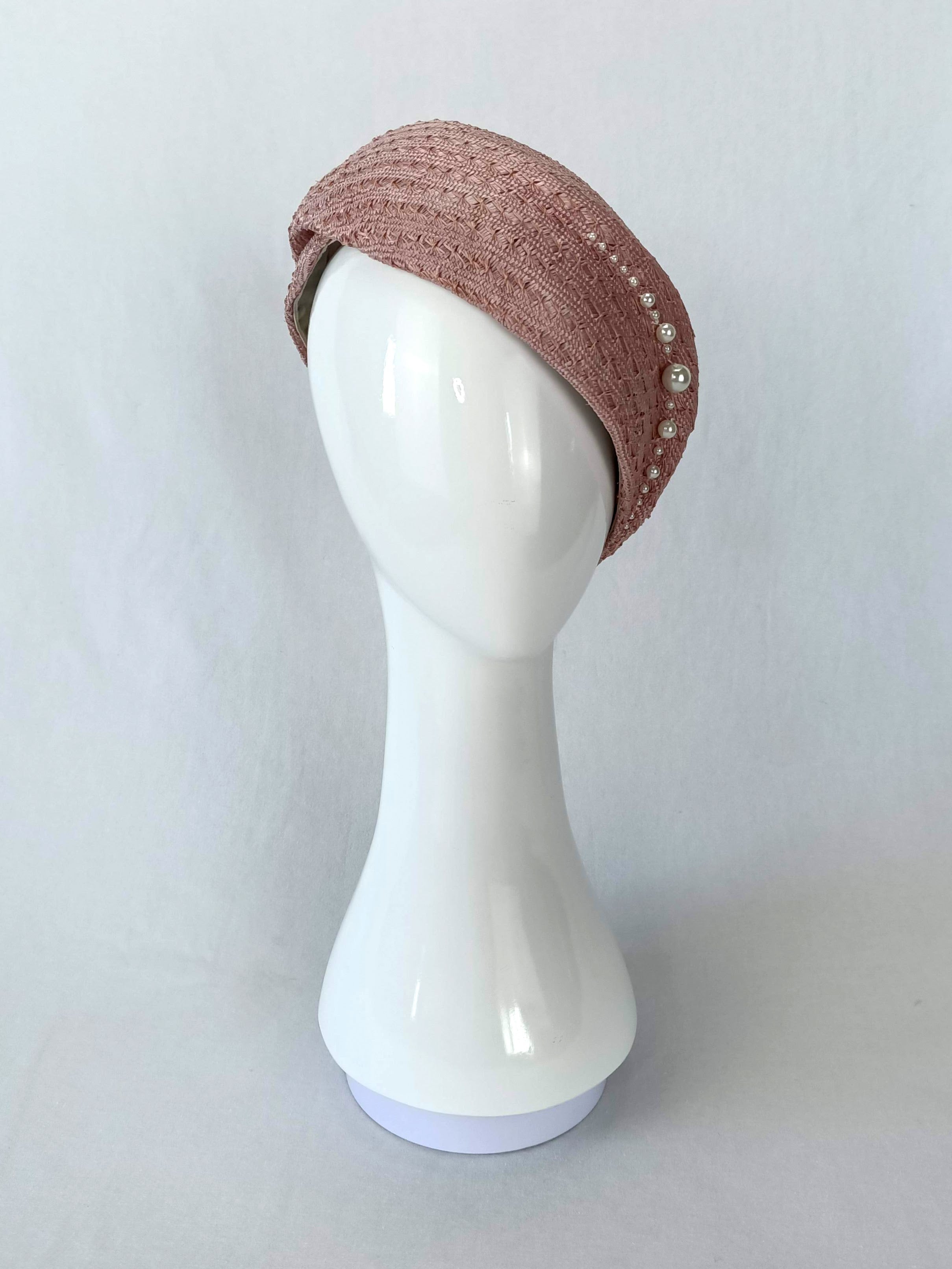 Pink beret Lilibet featuring straw and pearl – handmade in Sydney by Kathryn Lee
