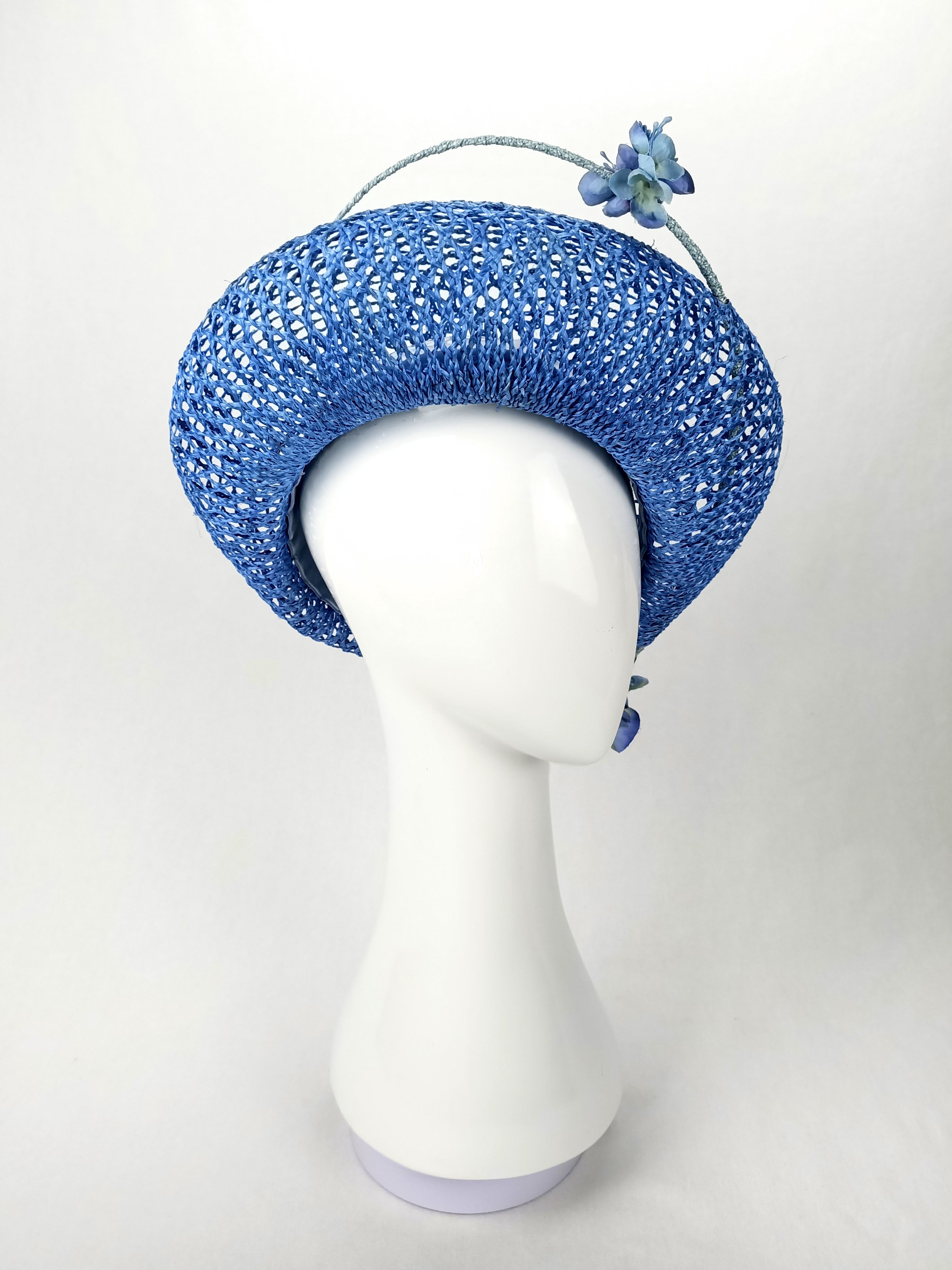 Blue Louisa beret crafted from straw – luxury racing headwear by Kathryn Lee