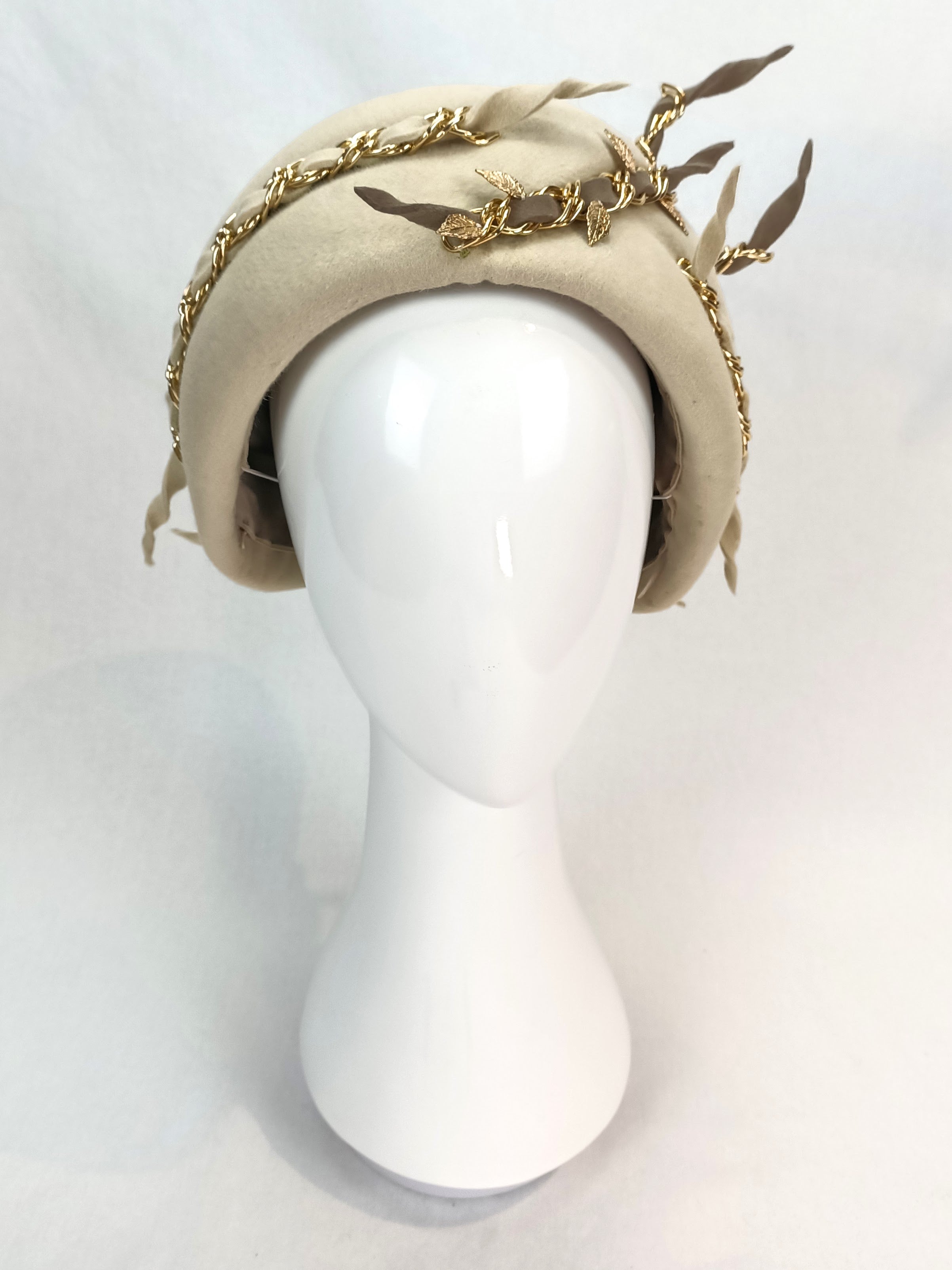 Gold Madeline pillbox hat – luxury racing headwear by Kathryn Lee