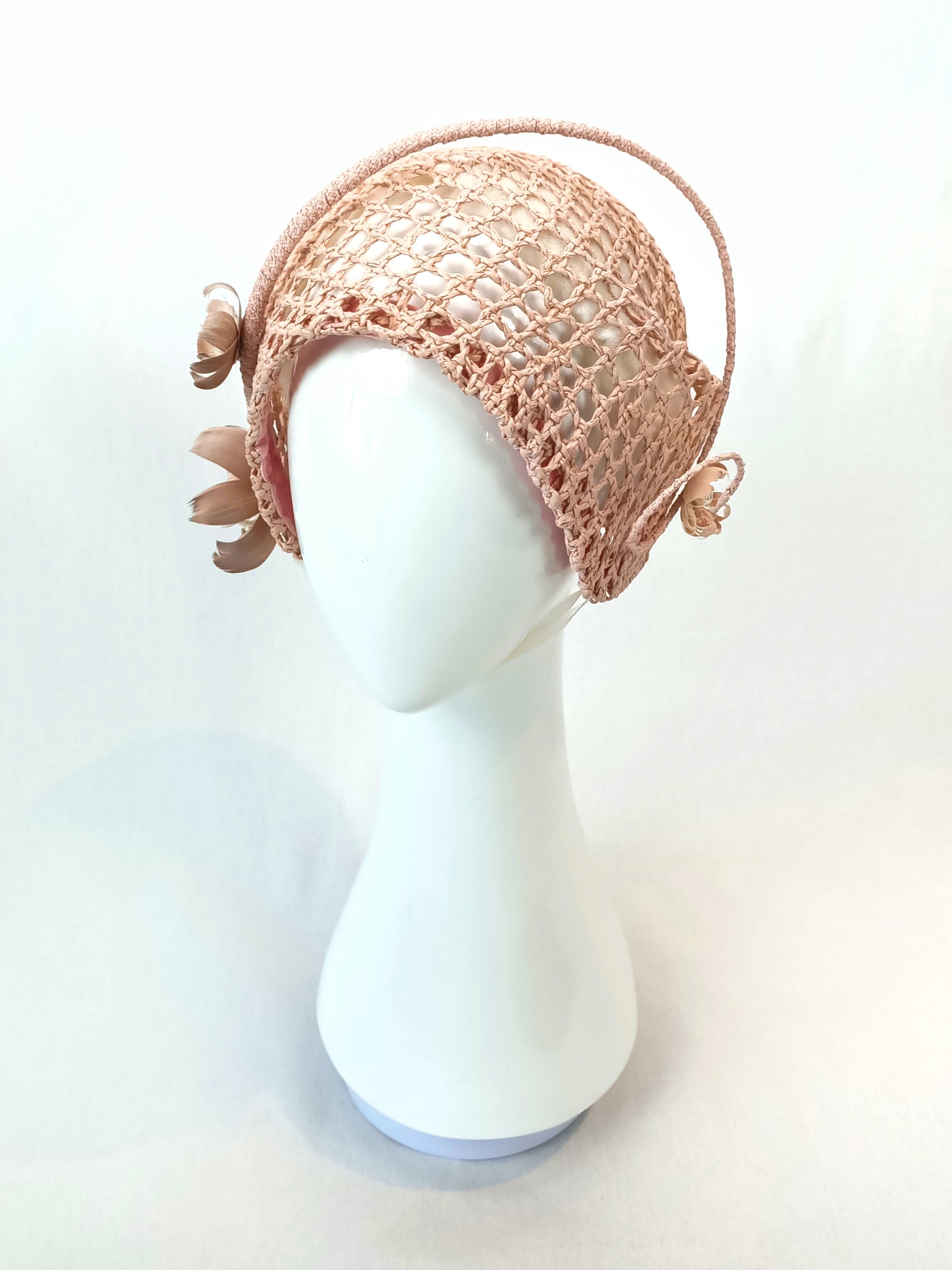 Millie Blush cloche hat crafted from straw and feather by Kathryn Lee Millinery, Australian bespoke milliner