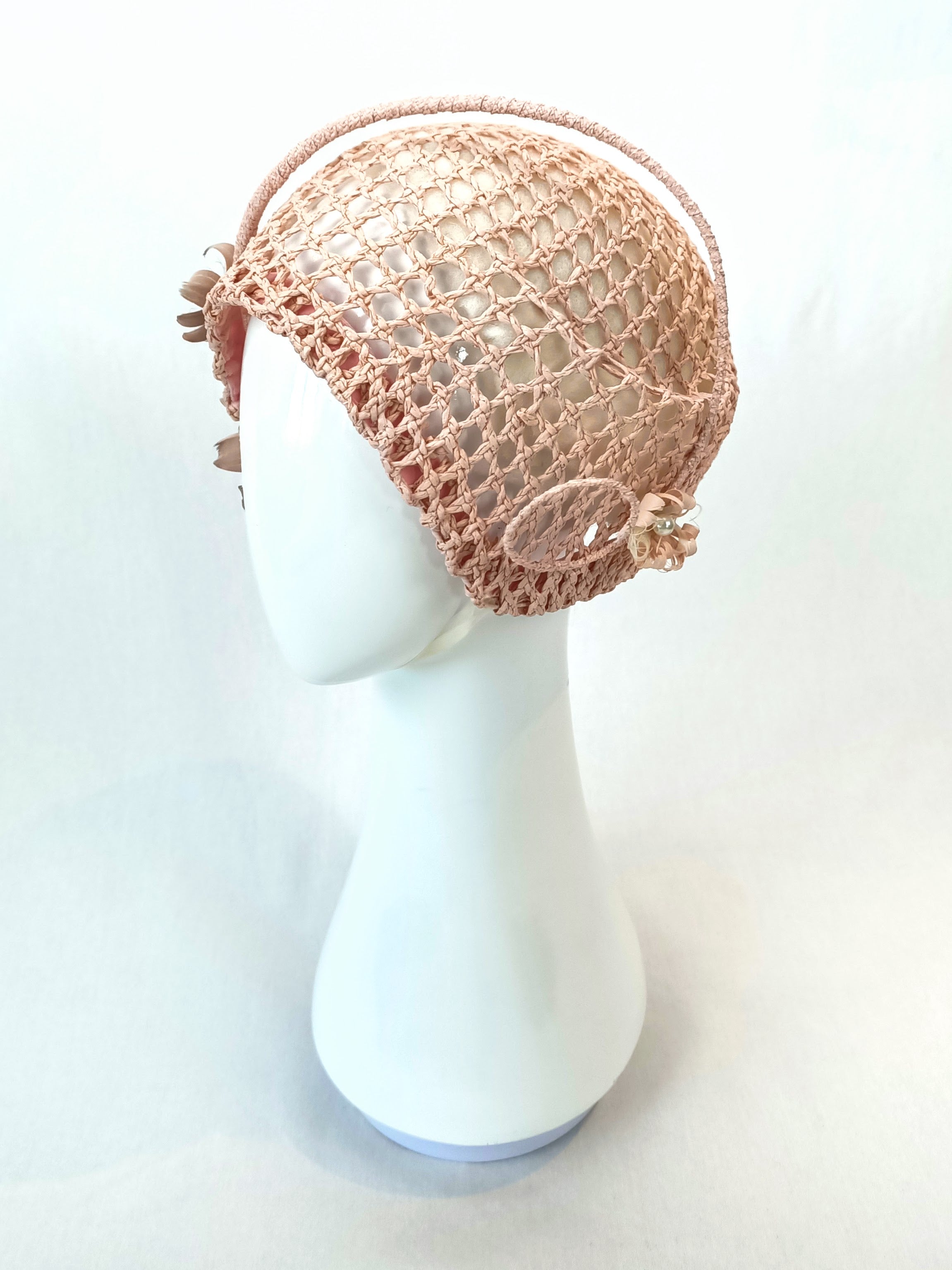 Blush cloche hat Millie featuring straw and feather – handmade in Sydney by Kathryn Lee