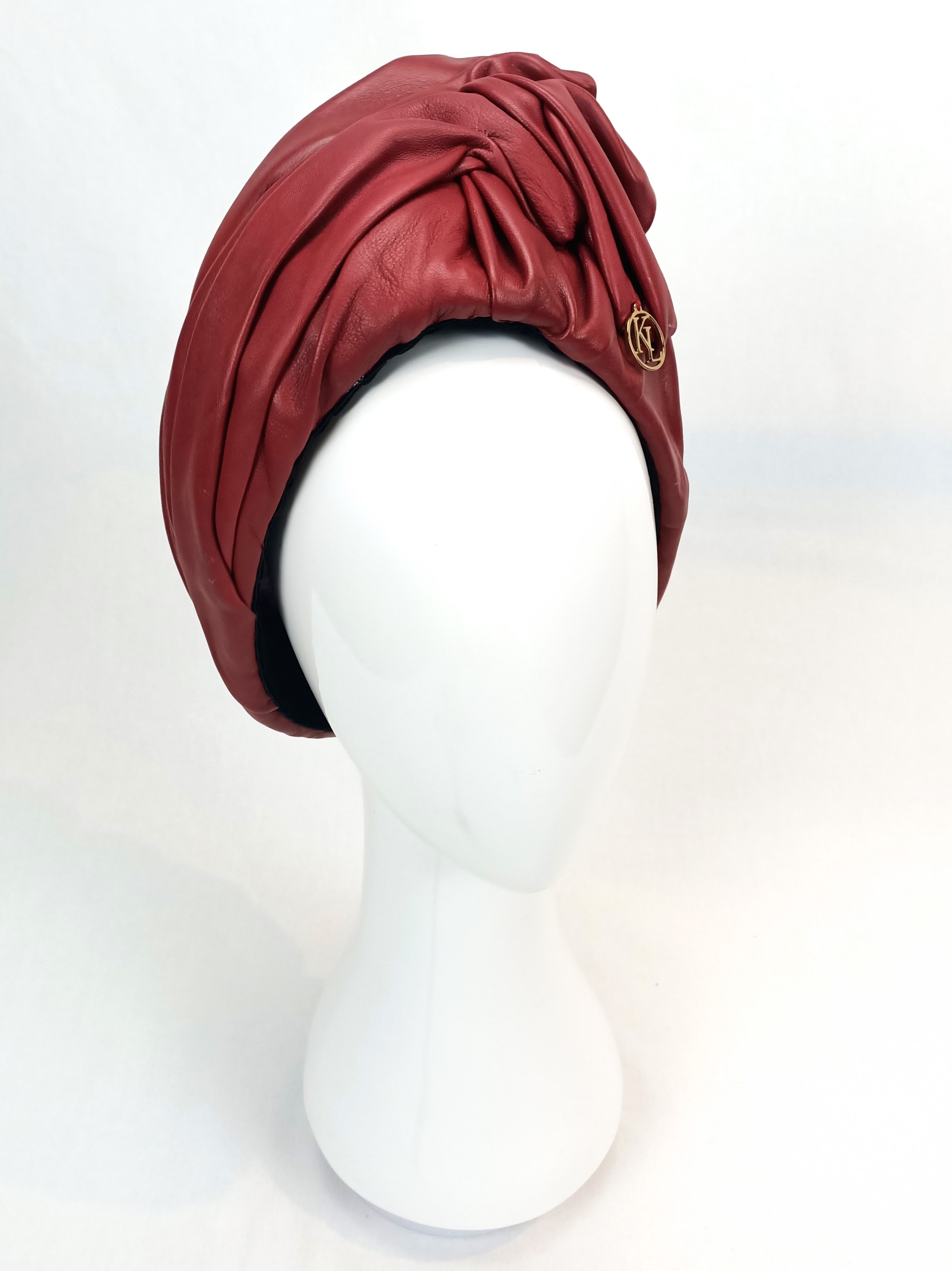 Mirabelle handcrafted turban crafted from leather – perfect for Melbourne Cup and Kentucky Derby