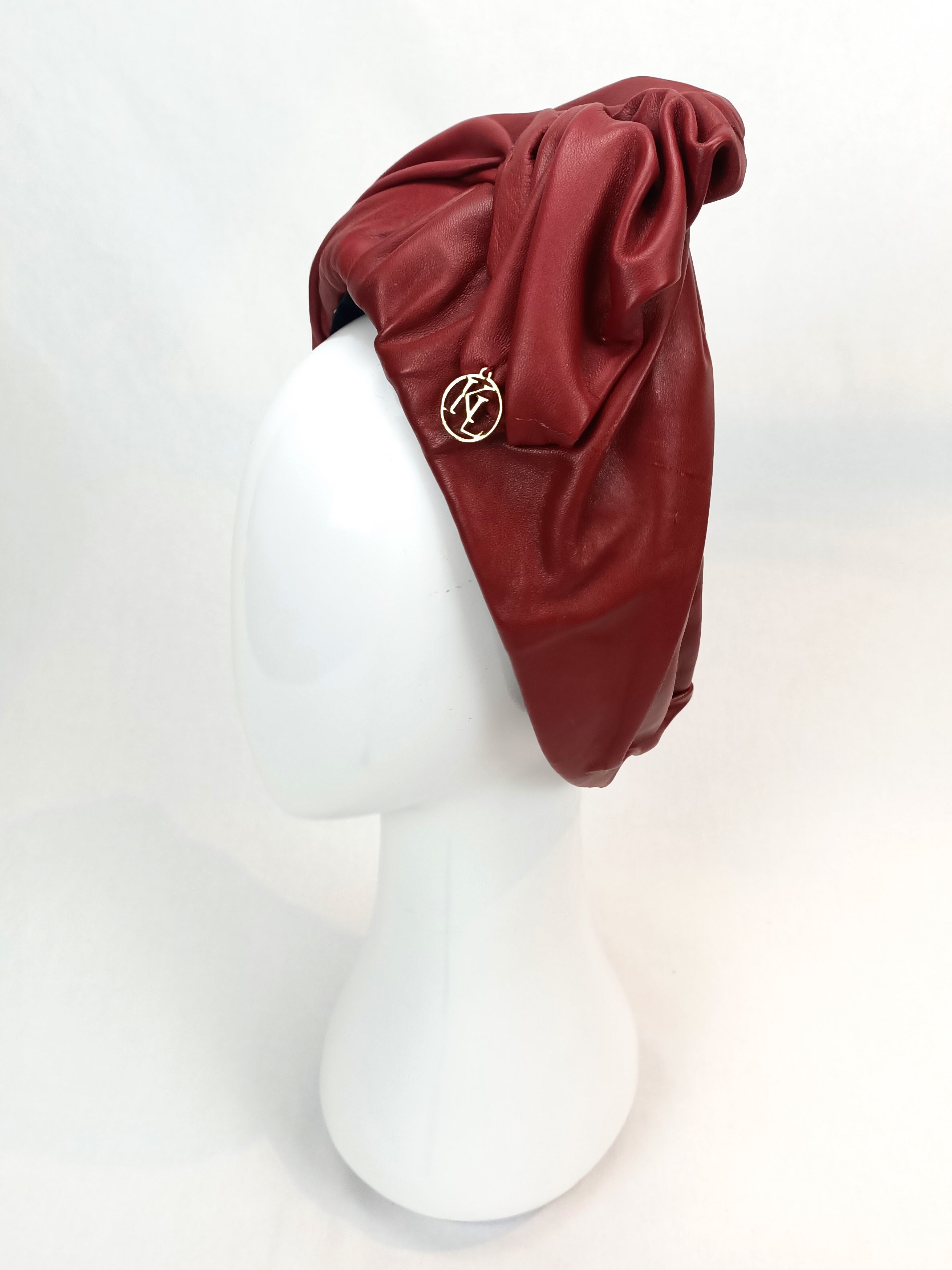 Designer Burgundy turban Mirabelle crafted from leather – Kathryn Lee Millinery Australia