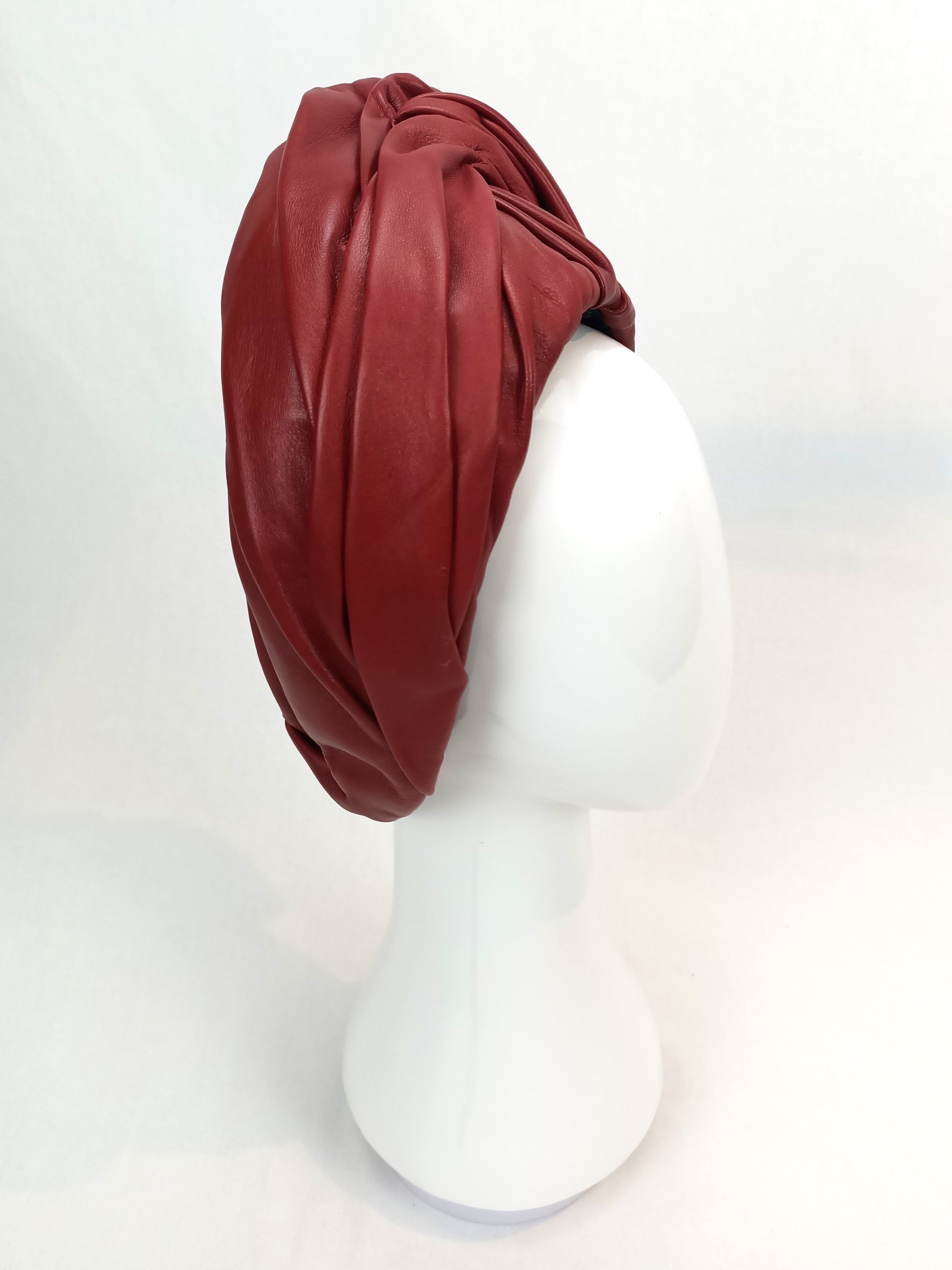 Australian milliner Kathryn Lee – Mirabelle Burgundy turban featuring leather