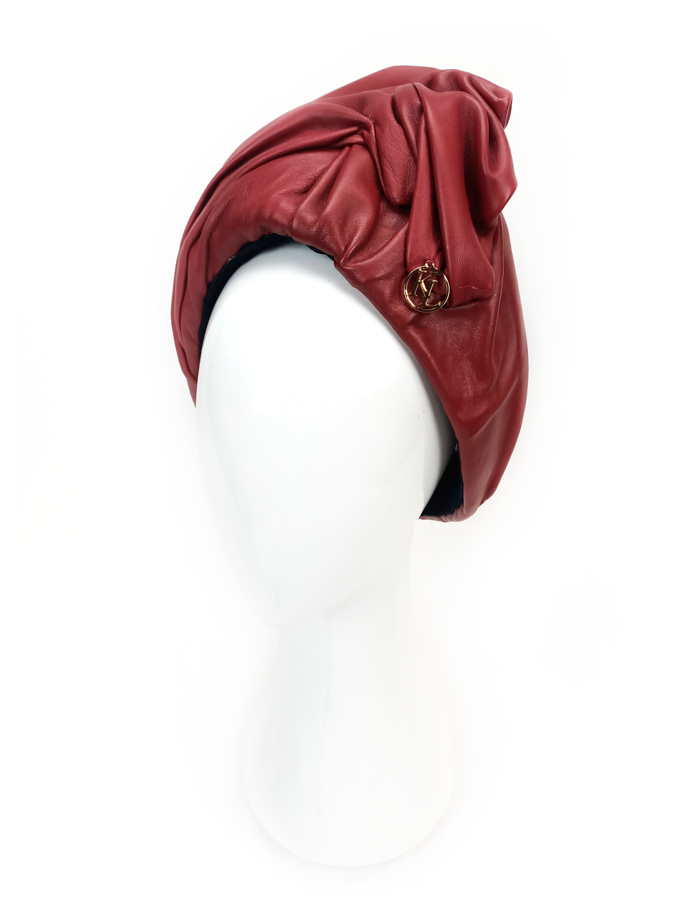 Mirabelle – Burgundy turban crafted from leather perfect for Dubai World Cup