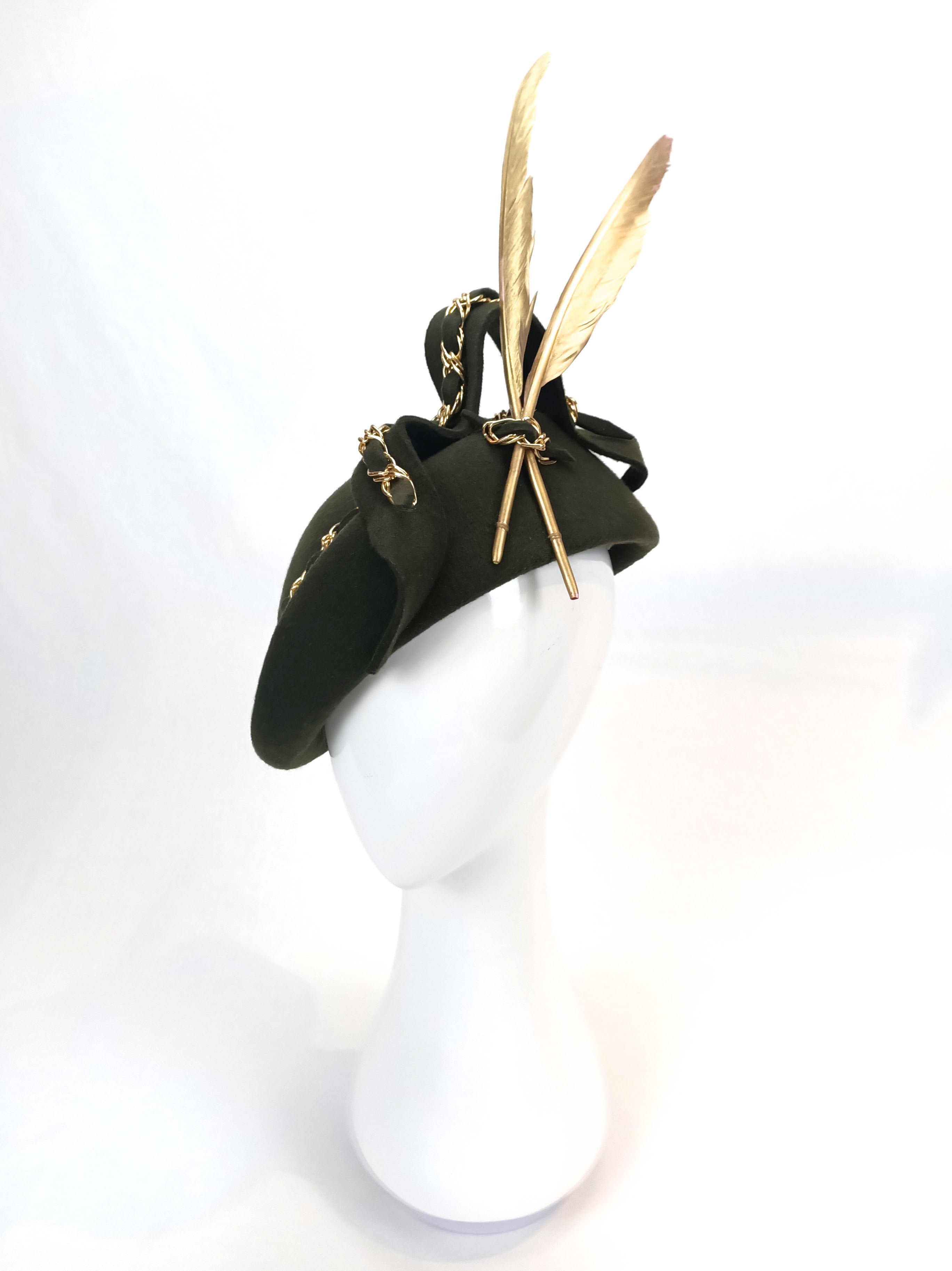 Designer Khaki beret Nicolette crafted from felt and feather – Kathryn Lee Millinery Australia