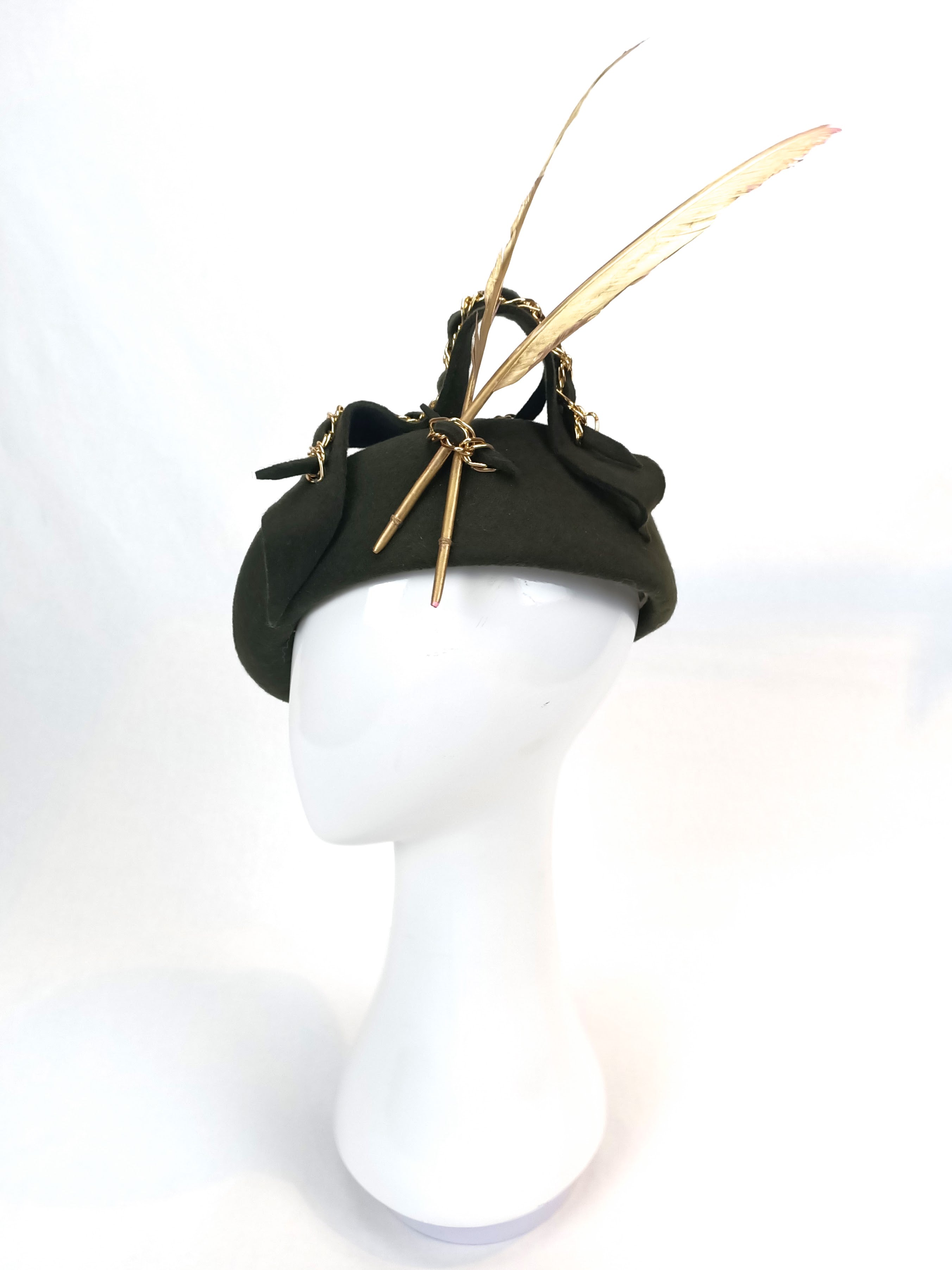 Nicolette beret – artisan millinery featuring felt and feather for Oaks Day and beyond