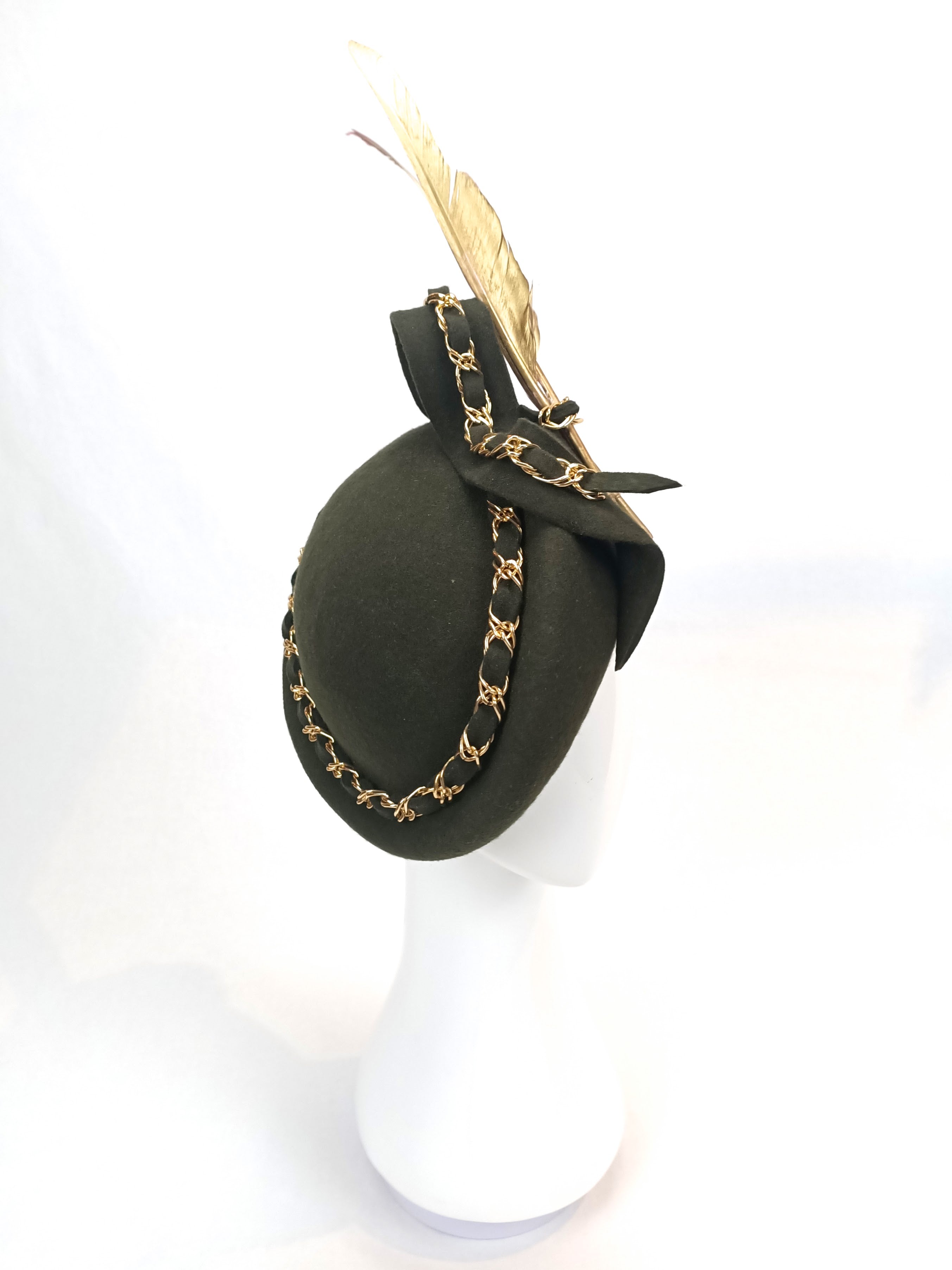 Nicolette Khaki beret crafted from felt and feather by Kathryn Lee Millinery, Australian bespoke milliner