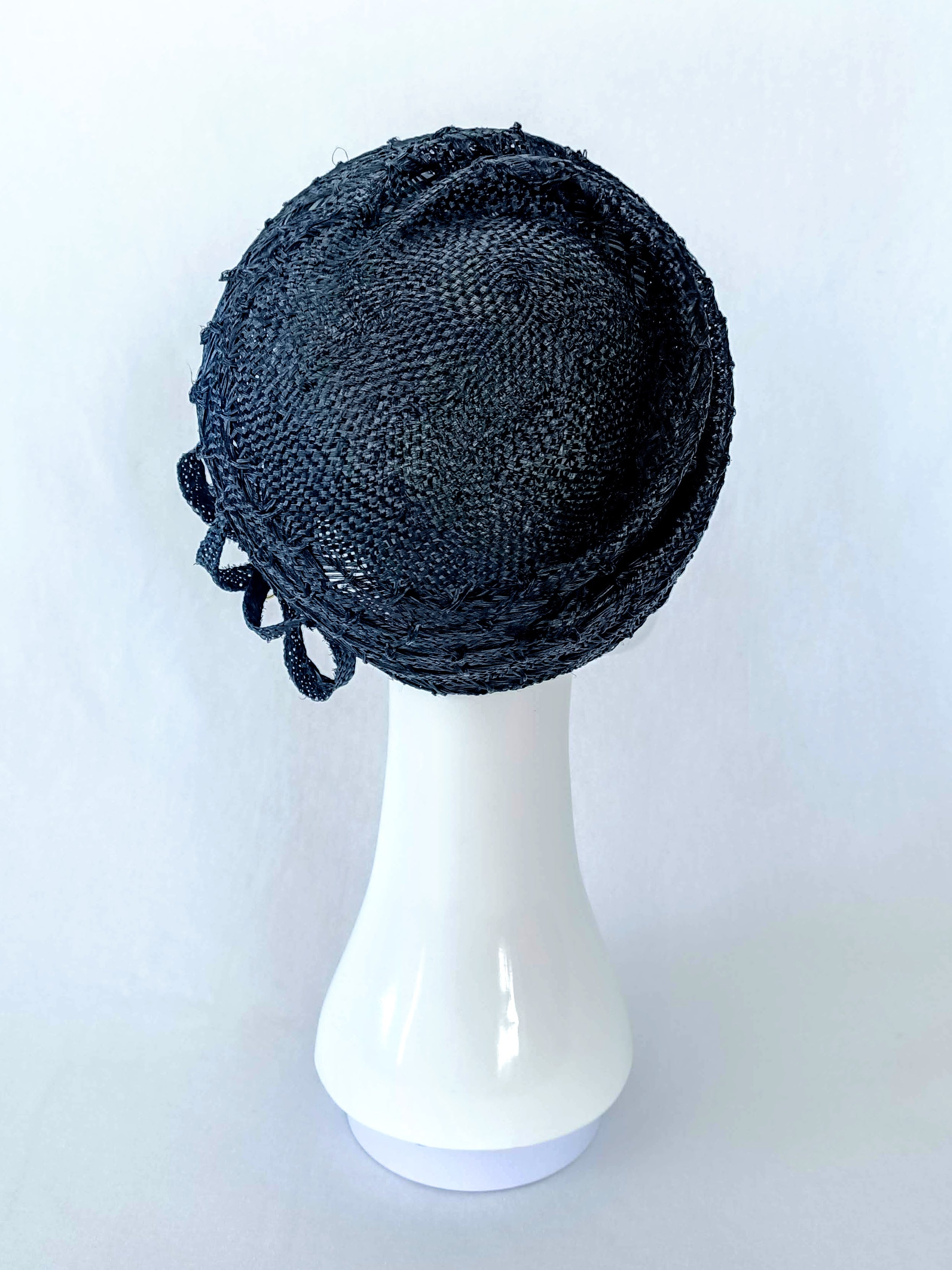 Black hat Olga featuring straw – handmade in Sydney by Kathryn Lee