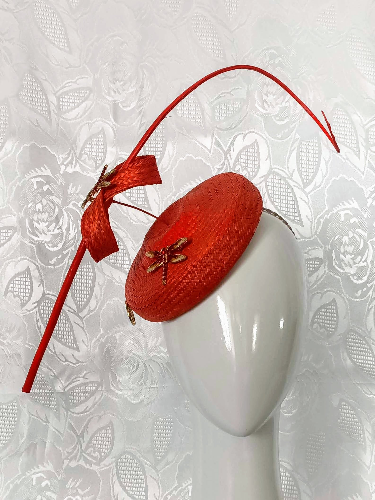 Orange Straw Fascinator with Floating Quill & Dragonfly Brooches – artisan millinery featuring straw for Flemington and beyond